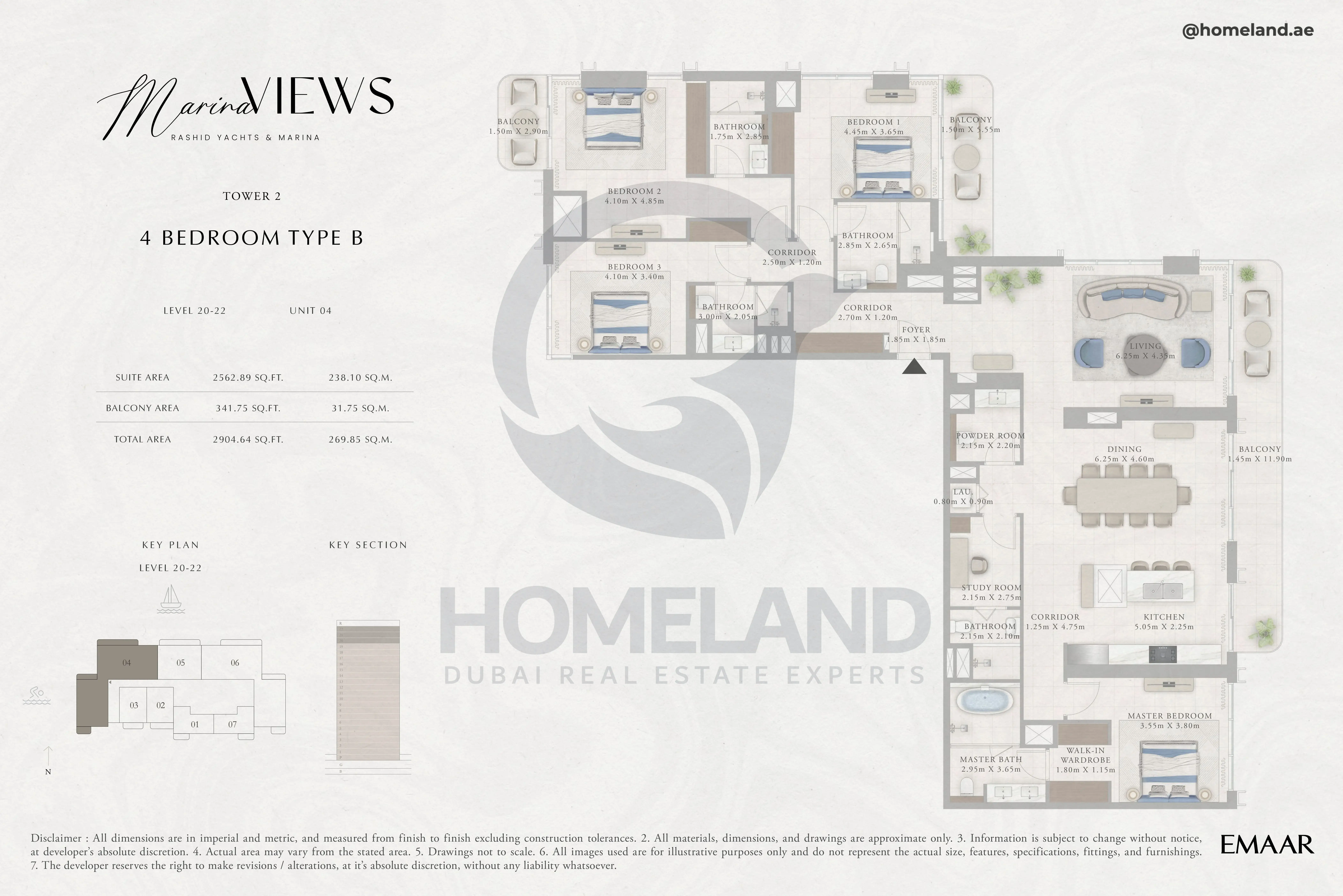 Marina Views, Tower 2, 4BR, Type B, Level 20 to 22, Unit 04, 2904 SQFT