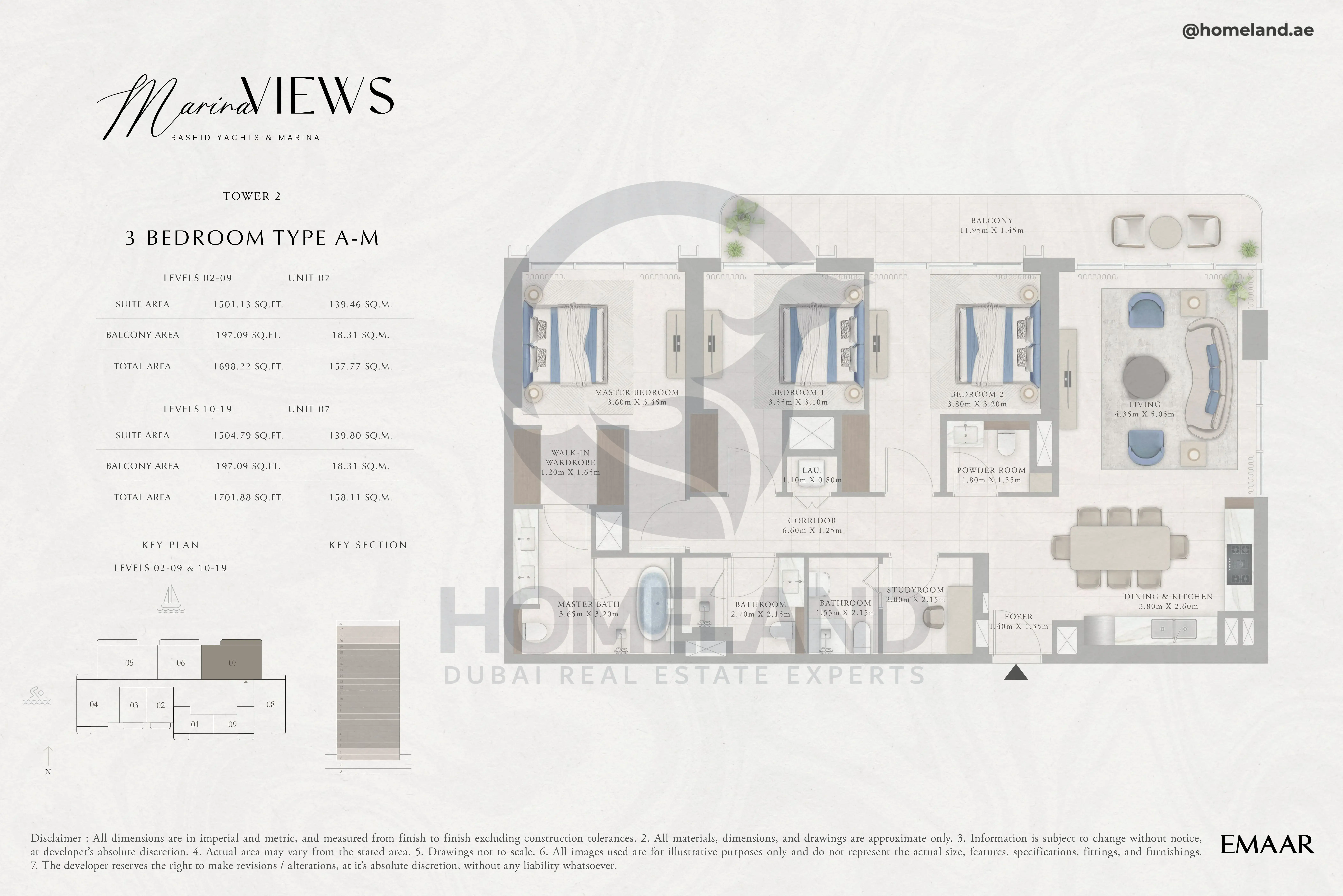 Marina Views, Tower 2, 3BR, Type A-M, Level 2 to 19, Unit 07, 1701 SQFT