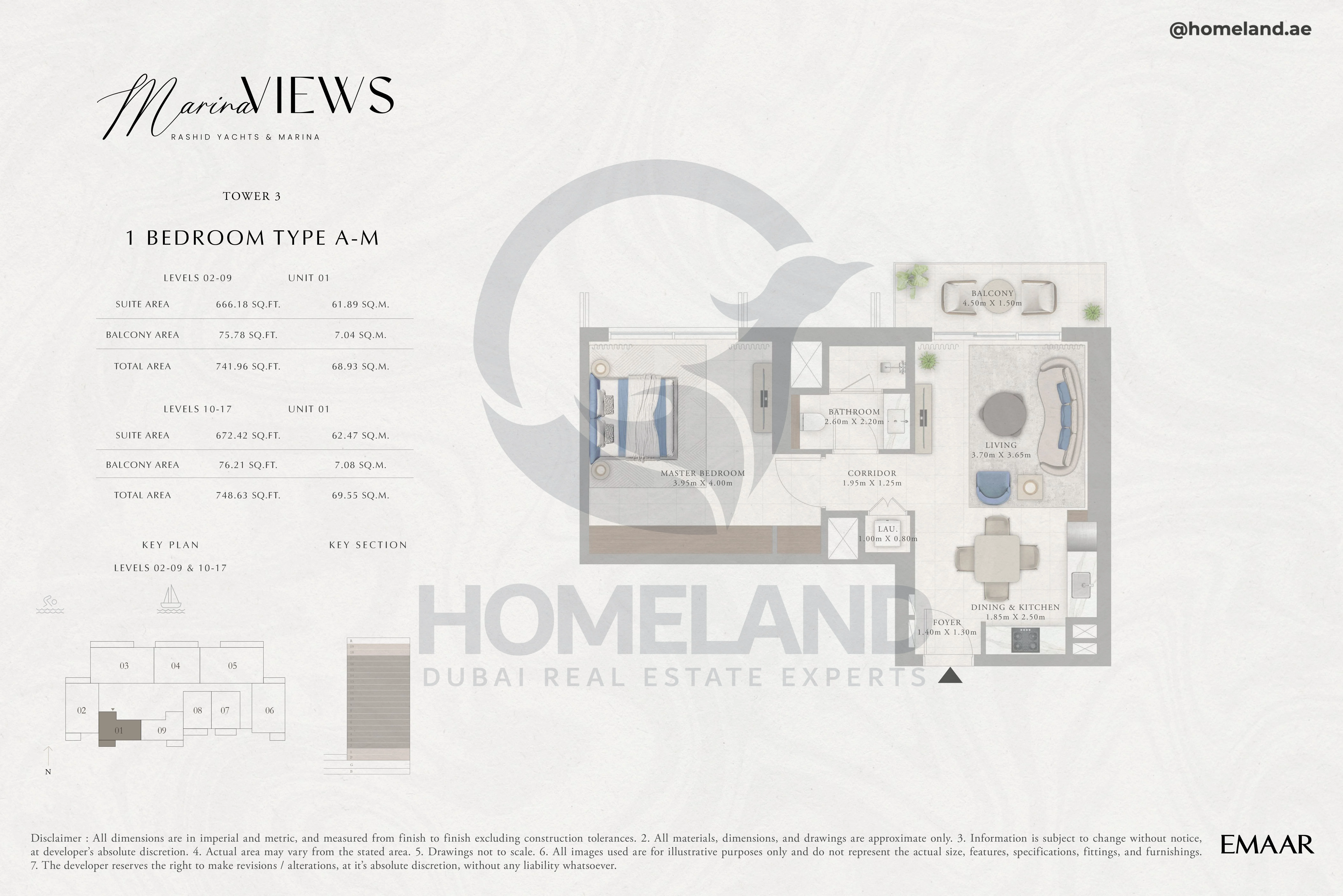 Marina Views, Tower 3, 1BR, Type A-M, Level 2 to 17, Unit 01, 748 SQFT