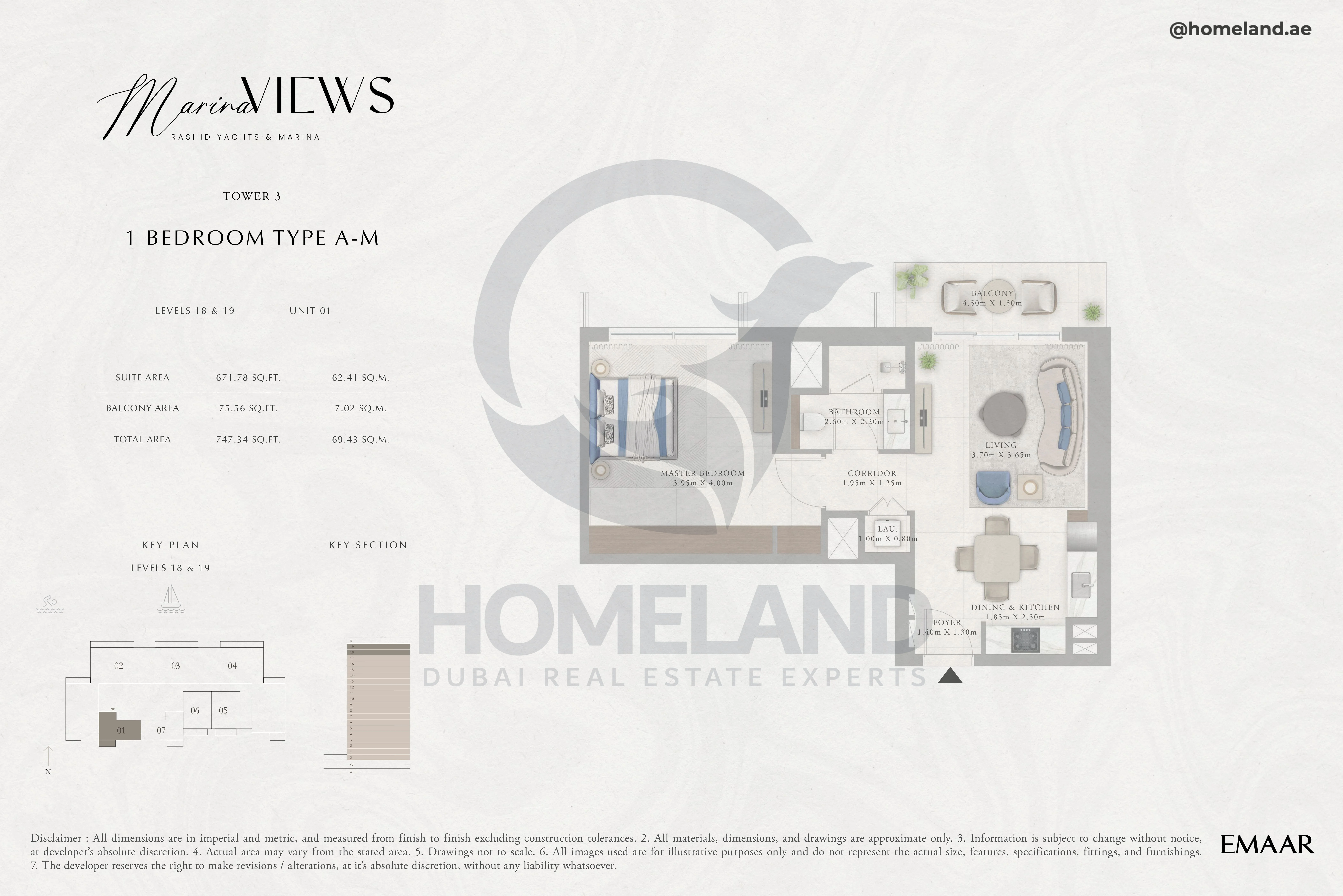 Marina Views, Tower 3, 1BR, Type A-M, Level 18-19, Unit 01, 747 SQFT