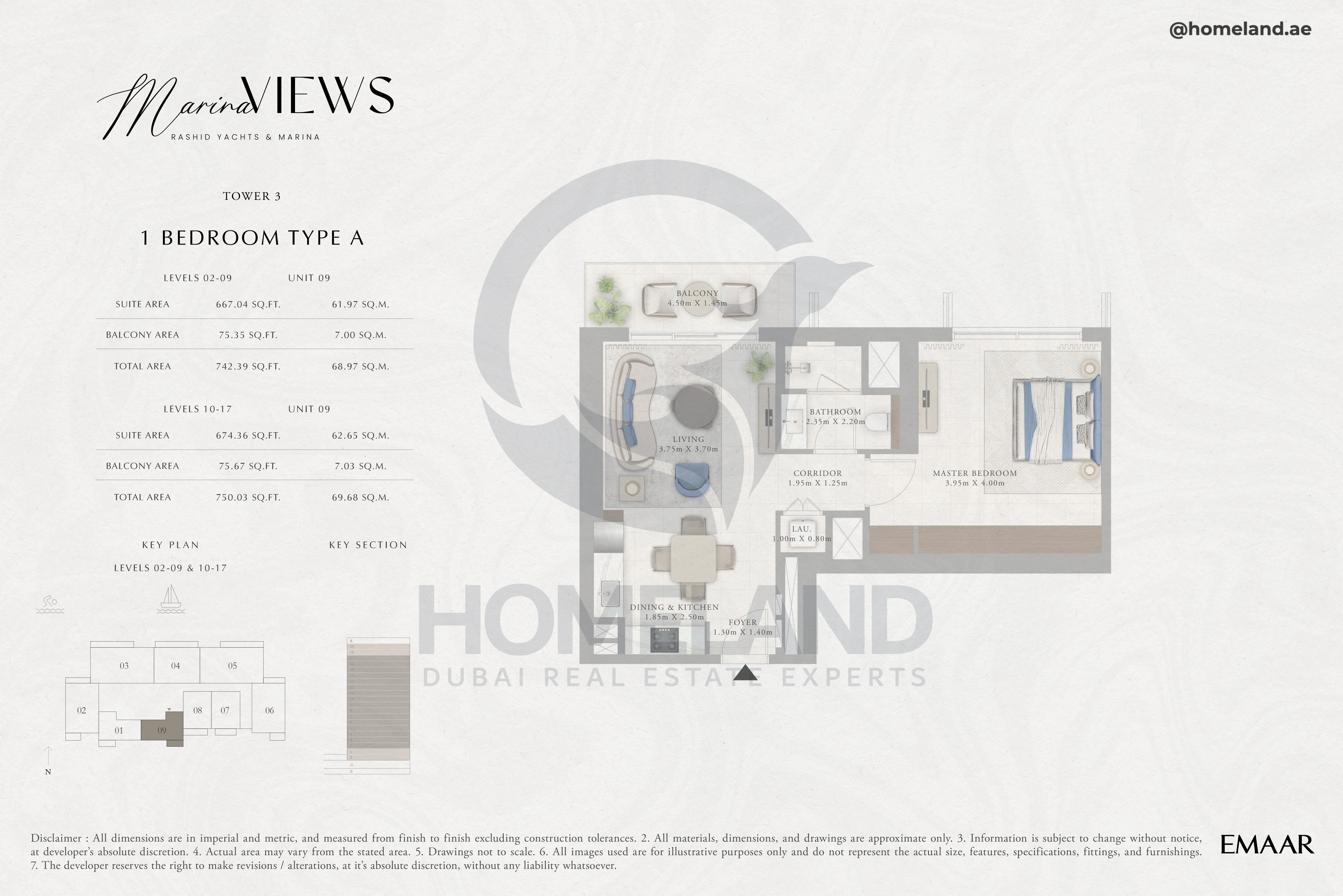 Marina Views, Tower 3, 1BR, Type A, Level 2 to 17, Unit 09, 750 SQFT