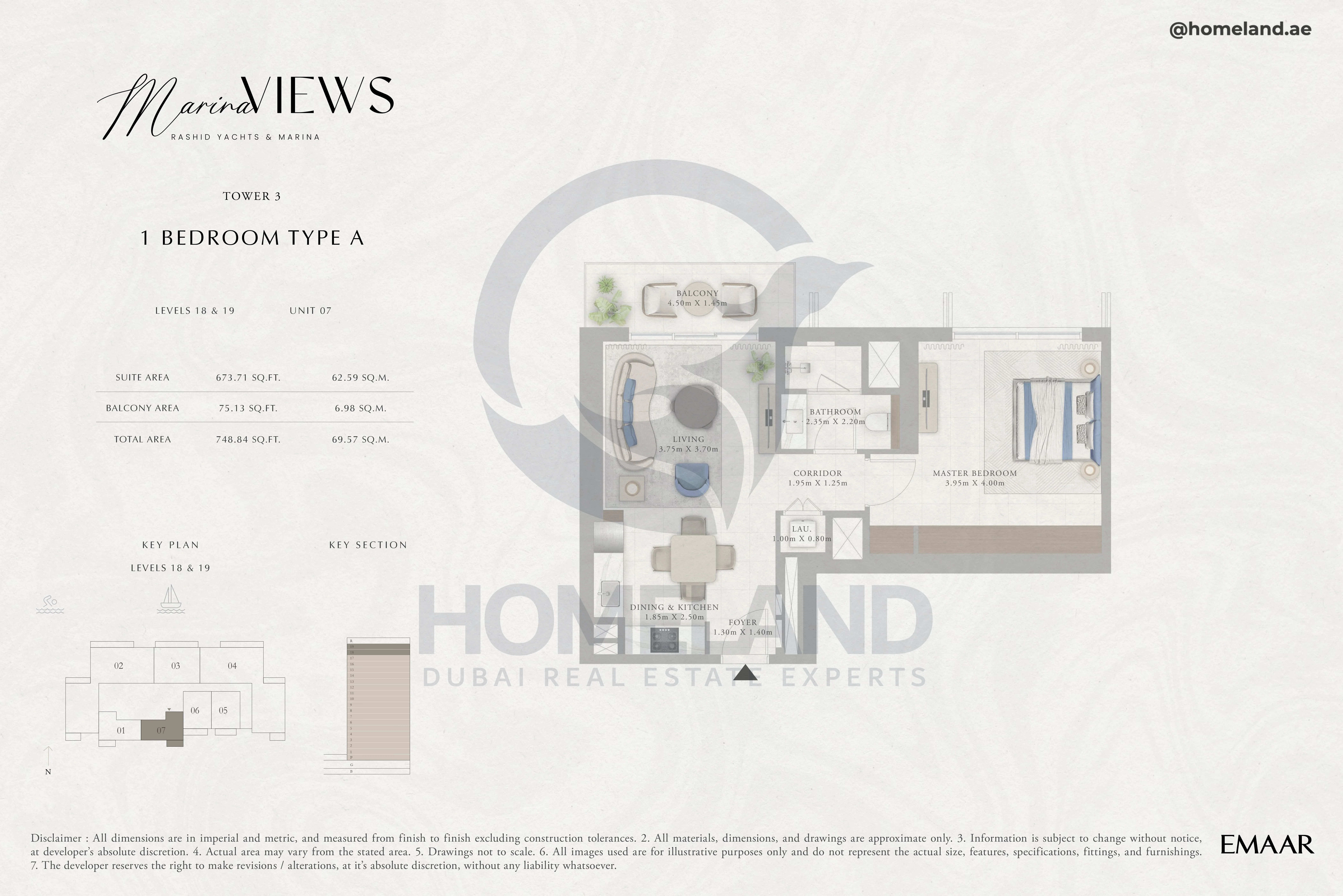 Marina Views, Tower 3, 1BR, Type A, Level 18-19, Unit 07, 748 SQFT