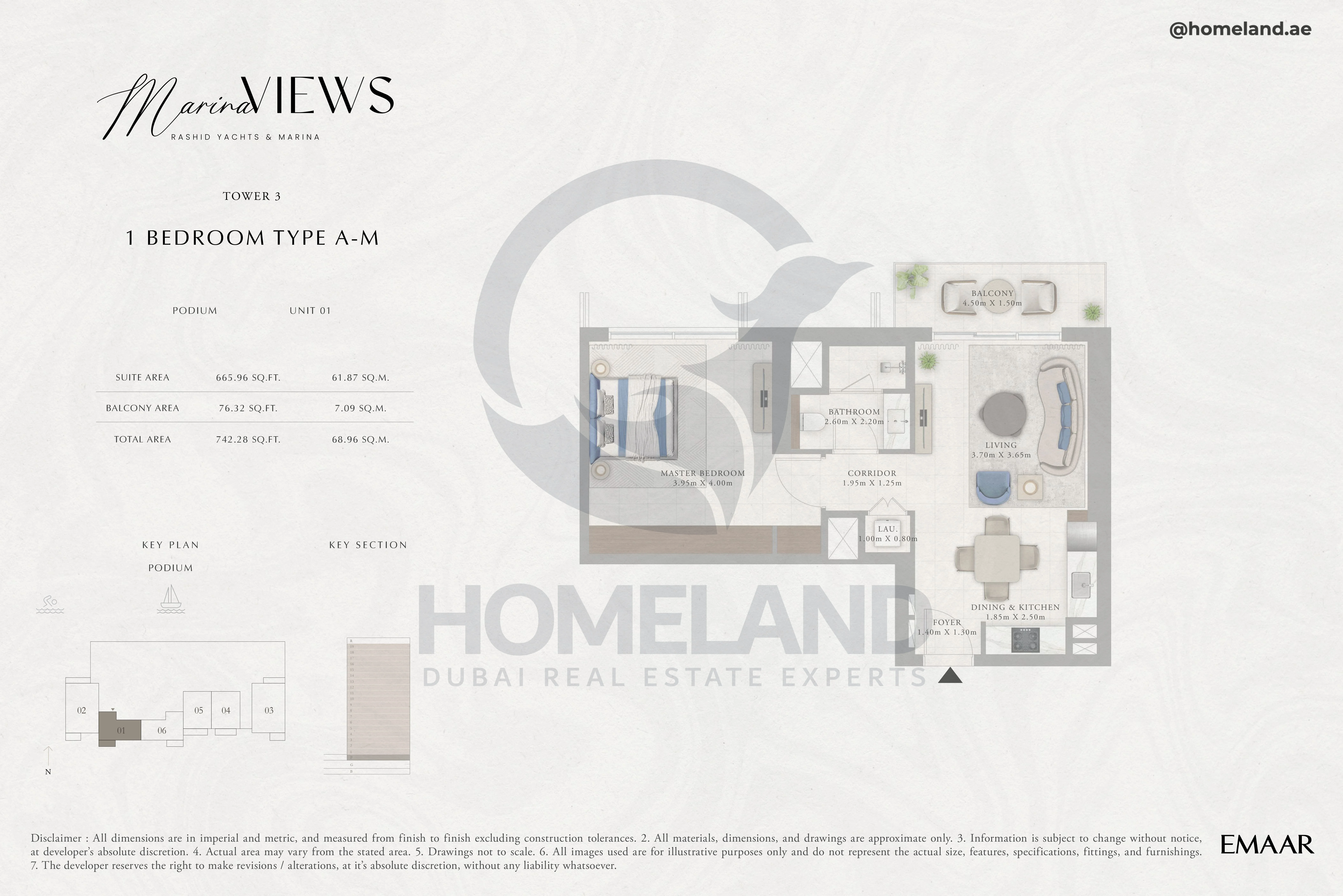 Marina Views, Tower 3, 1BR, Type A-M, Podium, Unit 01, 742 SQFT