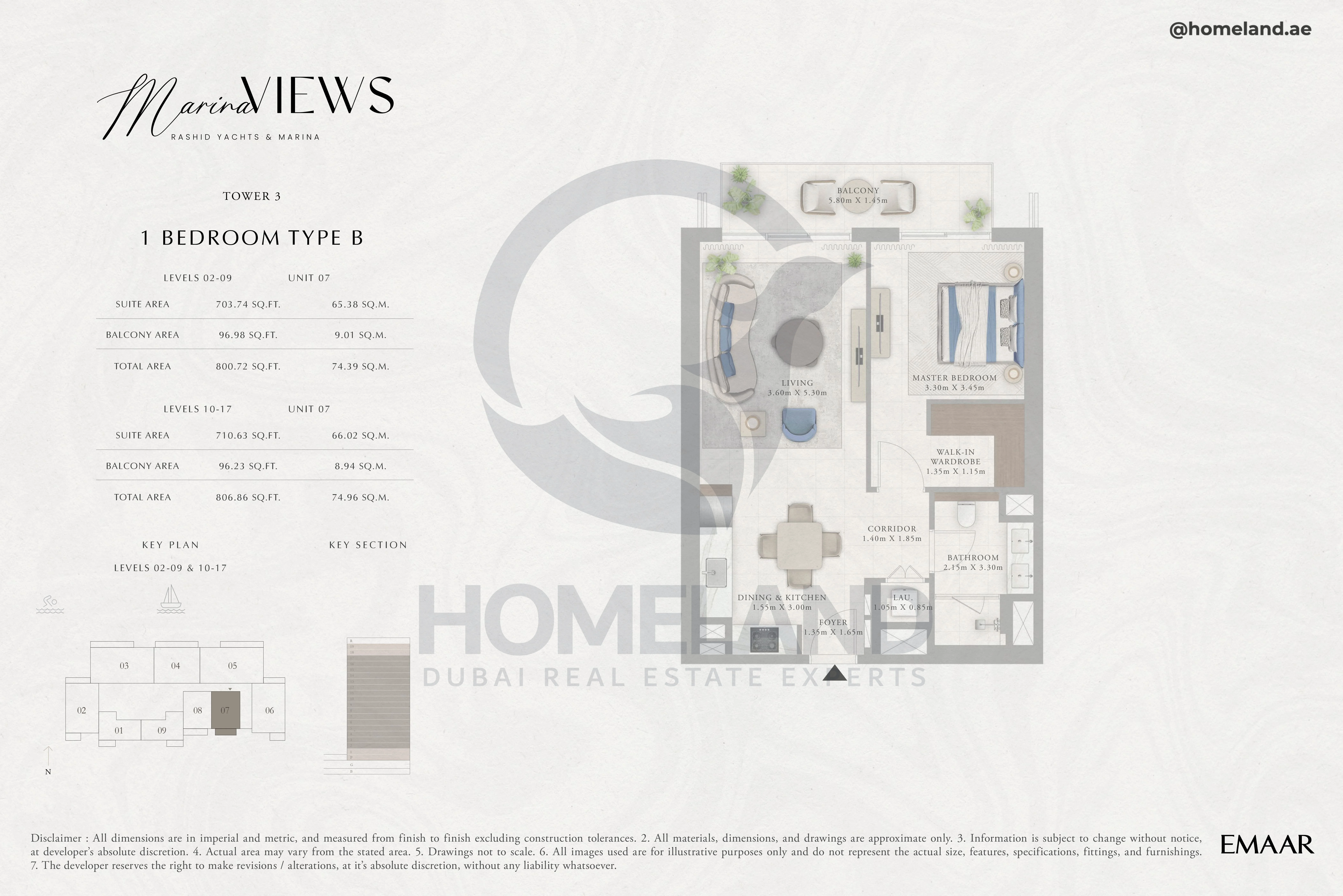 Marina Views, Tower 3, 1BR, Type B, Level 2 to 17, Unit 07, 806 SQFT