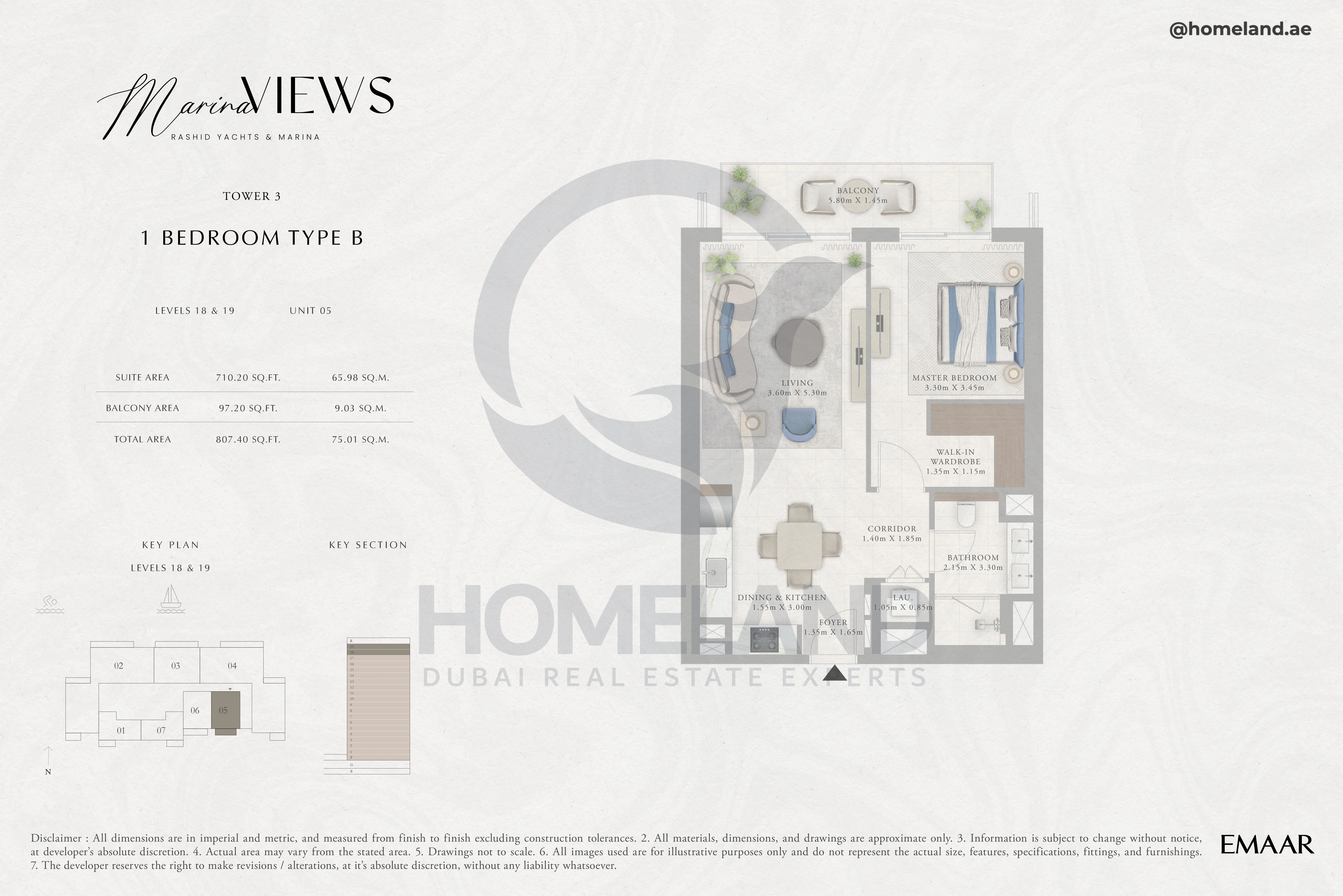 Marina Views, Tower 3, 1BR, Type B, Level 18-19, Unit 05, 807 SQFT