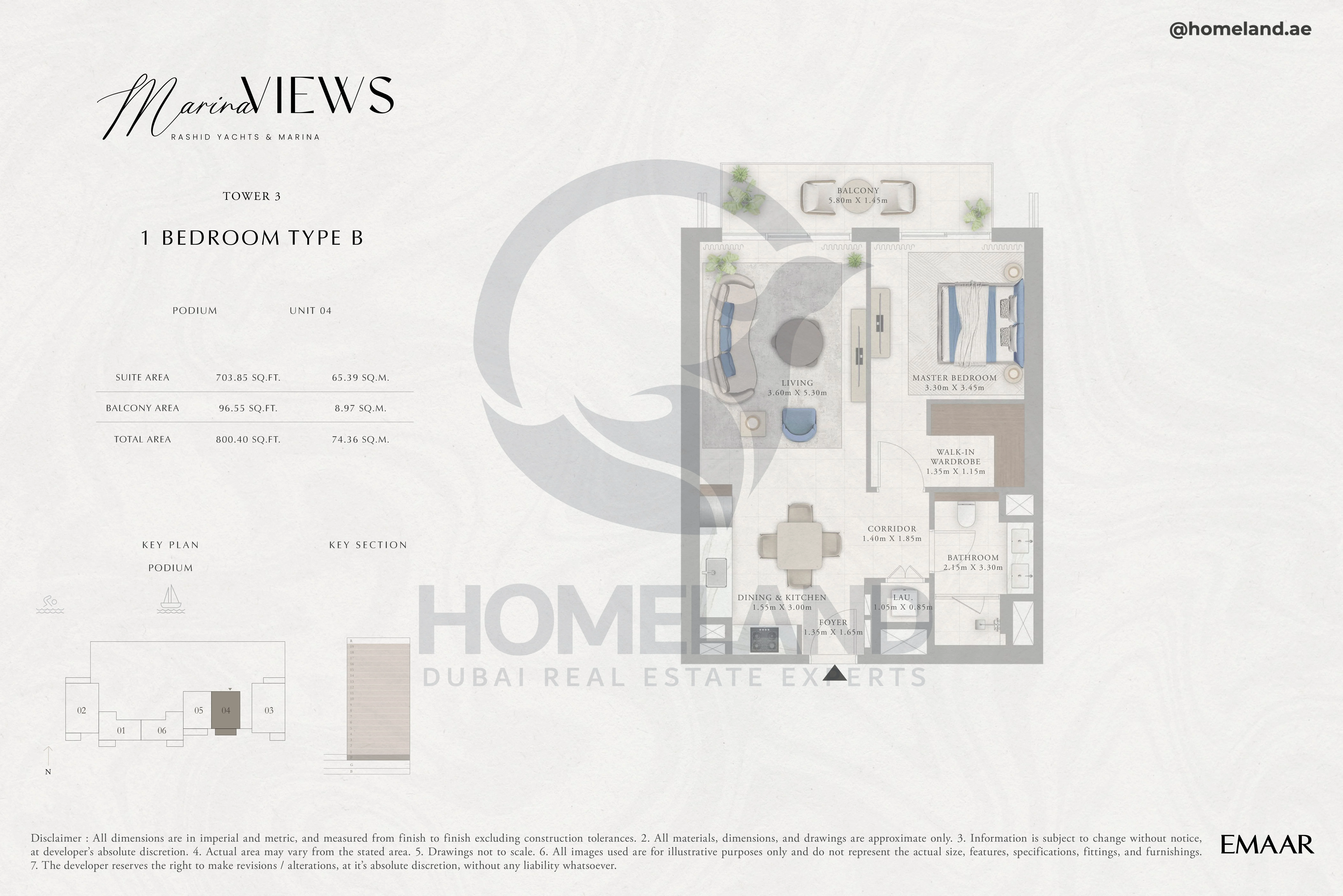 Marina Views, Tower 3, 1BR, Type B, Podium, Unit 04, 800 SQFT
