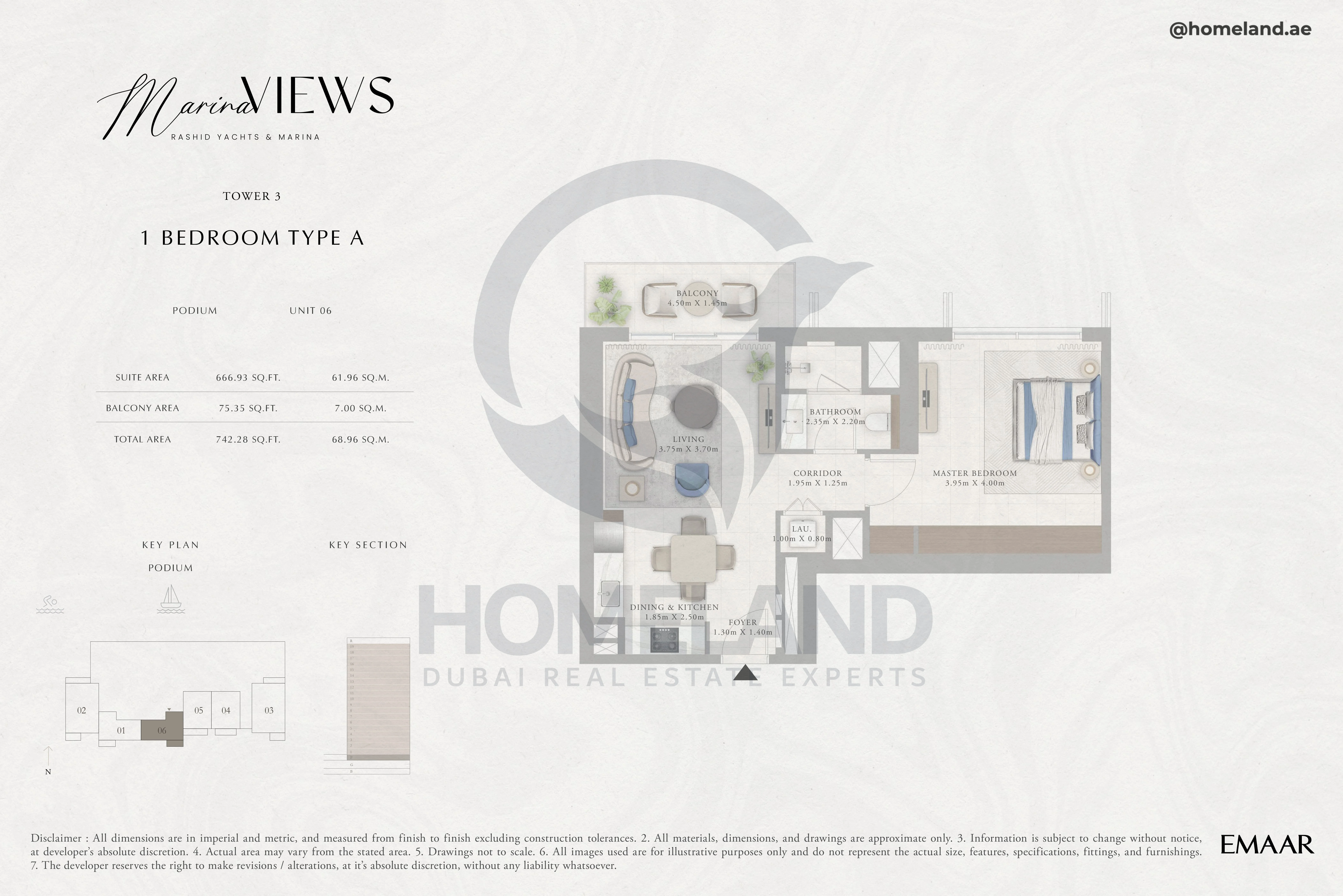 Marina Views, Tower 3, 1BR, Type A, Podium, Unit 06, 742 SQFT