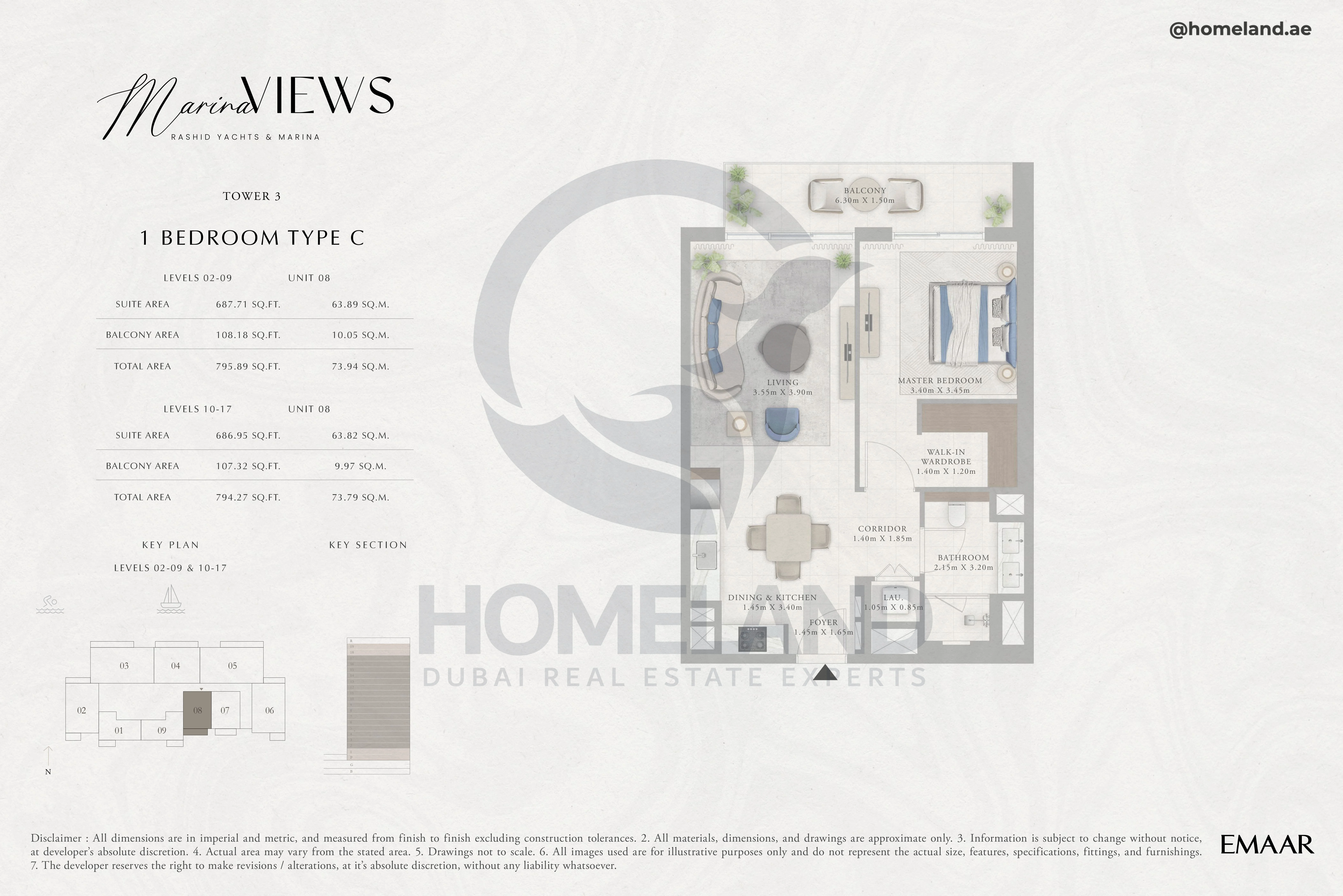 Marina Views, Tower 3, 1BR, Type C, Level 2 to 17, Unit 08, 795 SQFT