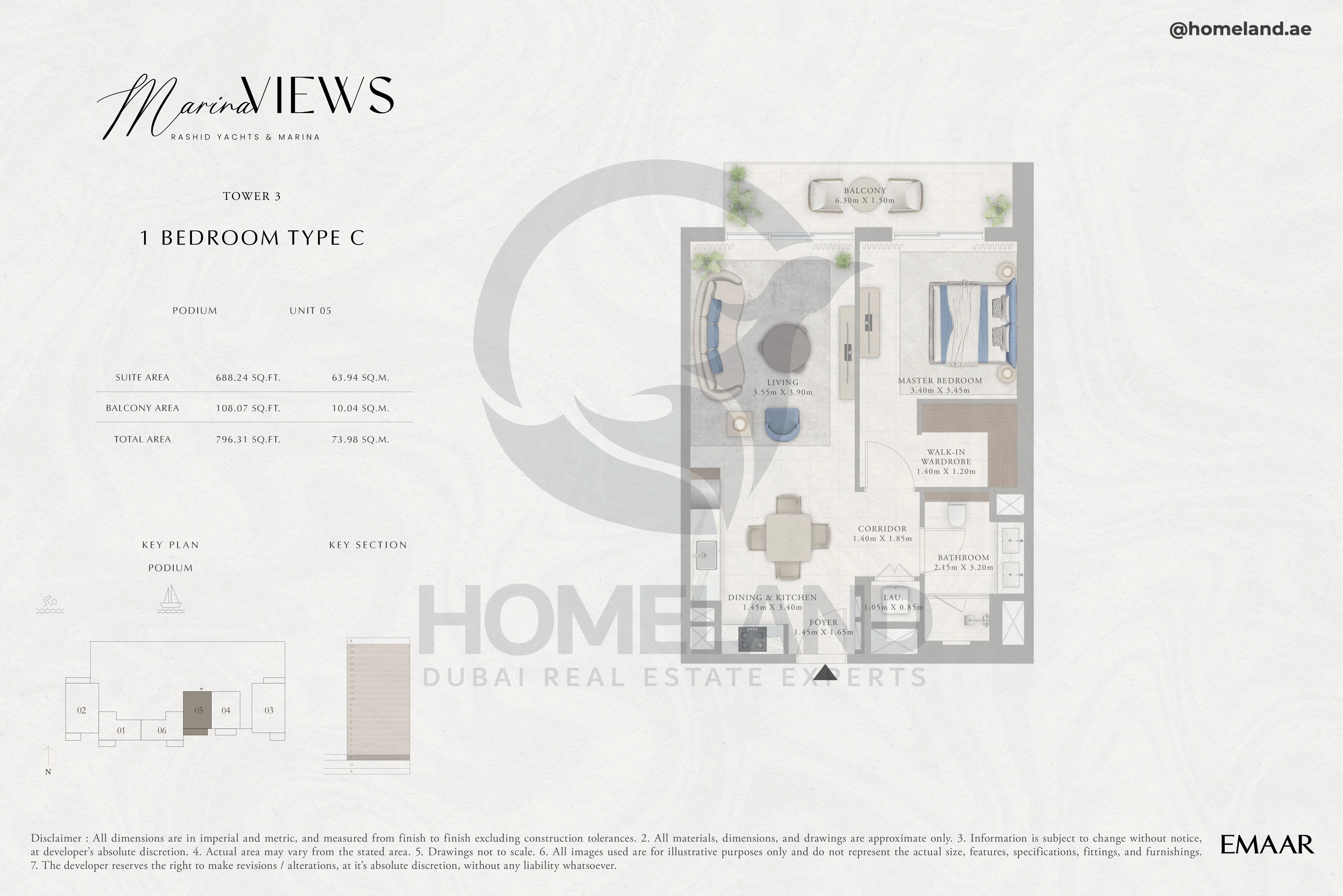 Marina Views, Tower 3, 1BR, Type C, Podium, Unit 05, 796 SQFT