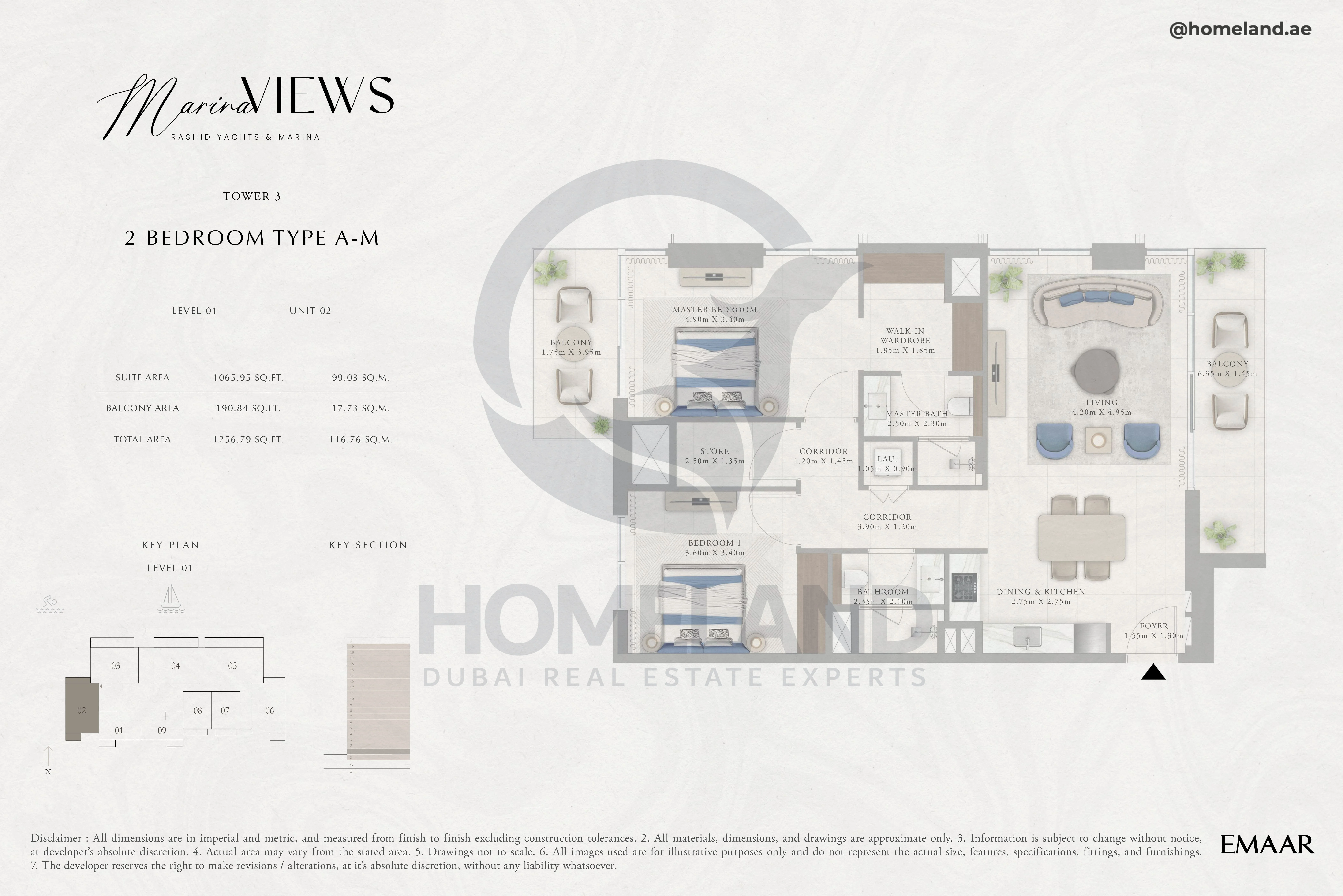 Marina Views, Tower 3, 2BR, Type A-M, Level 1, Unit 02, 1256 SQFT