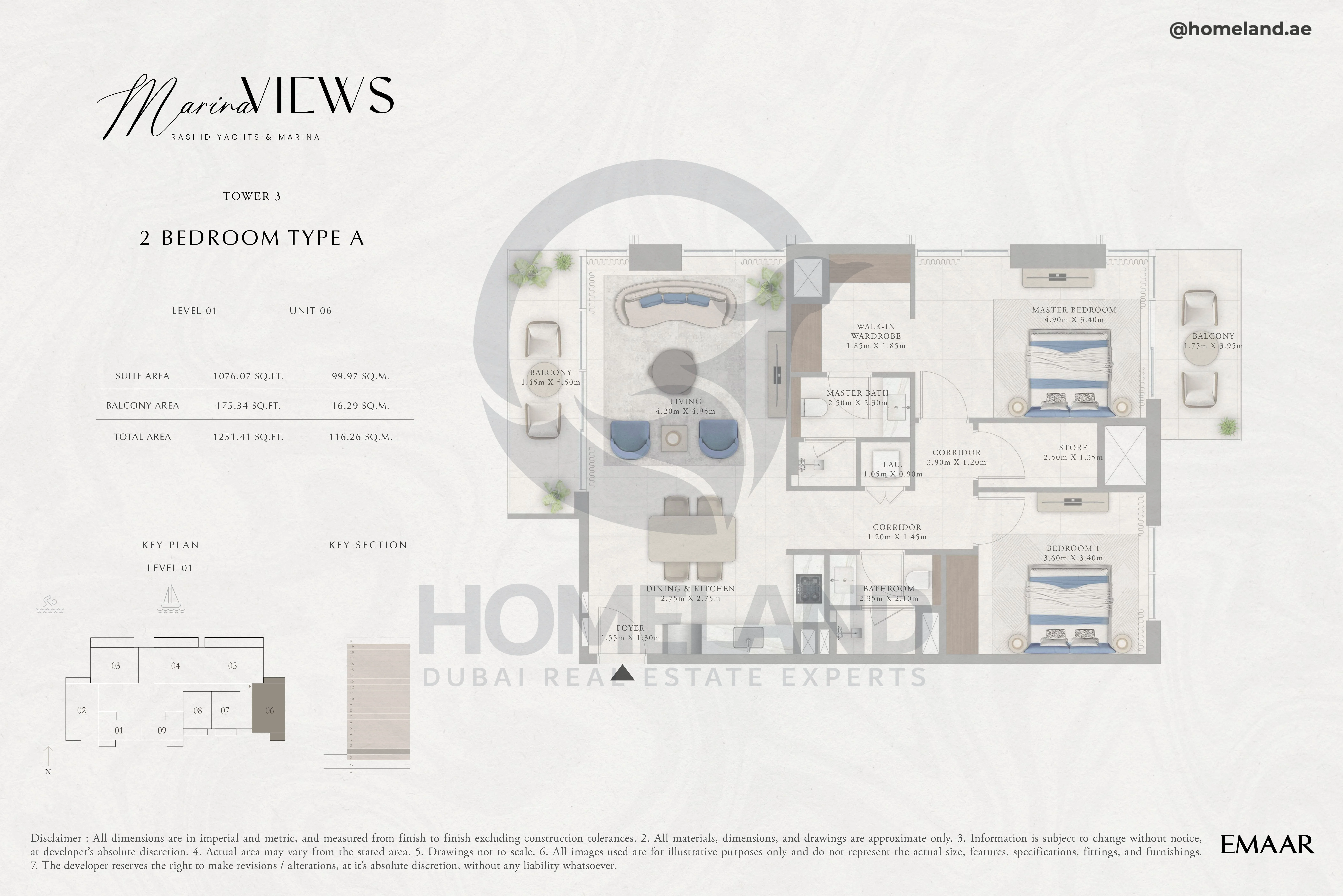 Marina Views, Tower 3, 2BR, Type A, Level 1, Unit 06, 1251 SQFT