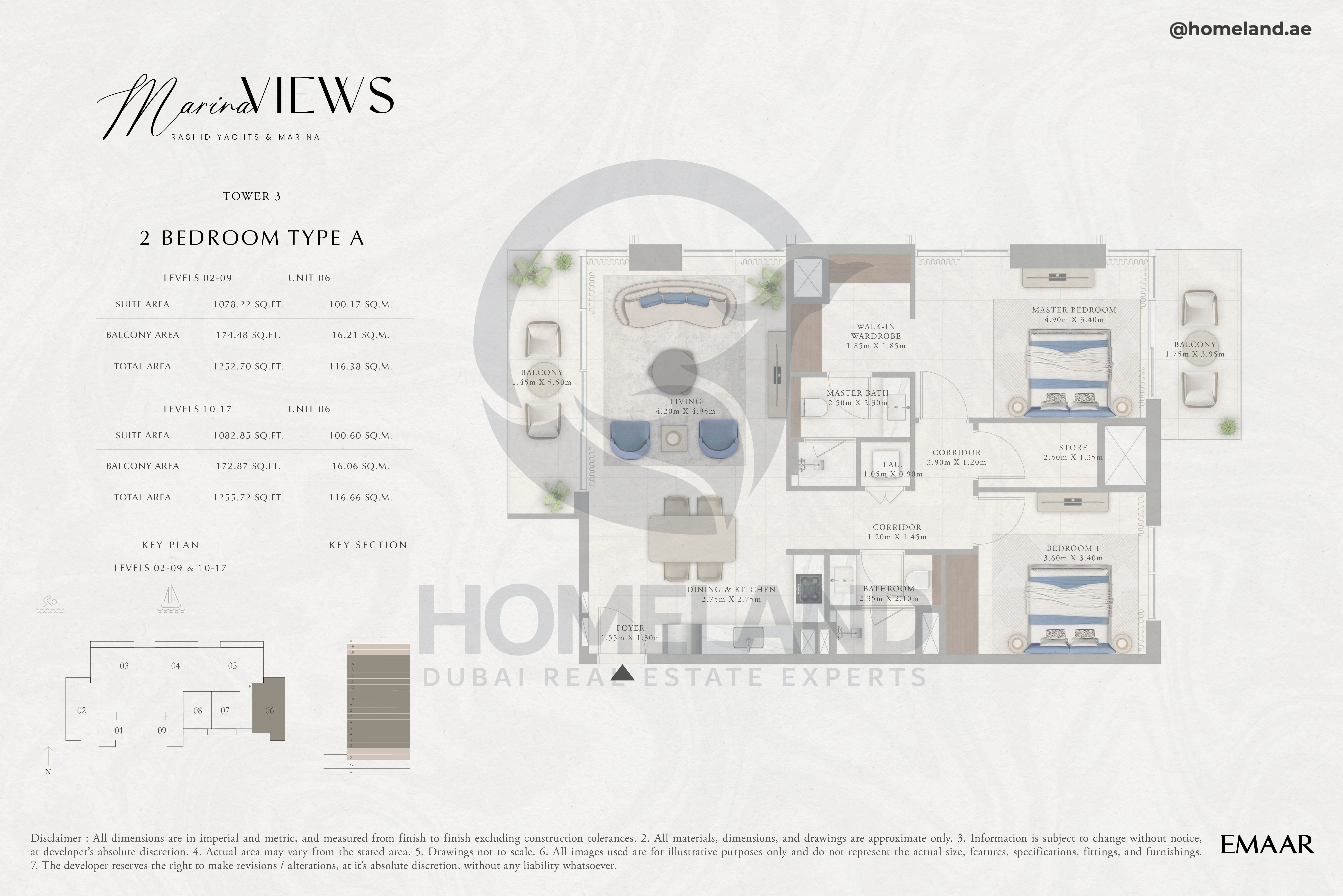 Marina Views, Tower 3, 2BR, Type A, Level 2 to 17, Unit 06, 1255 SQFT