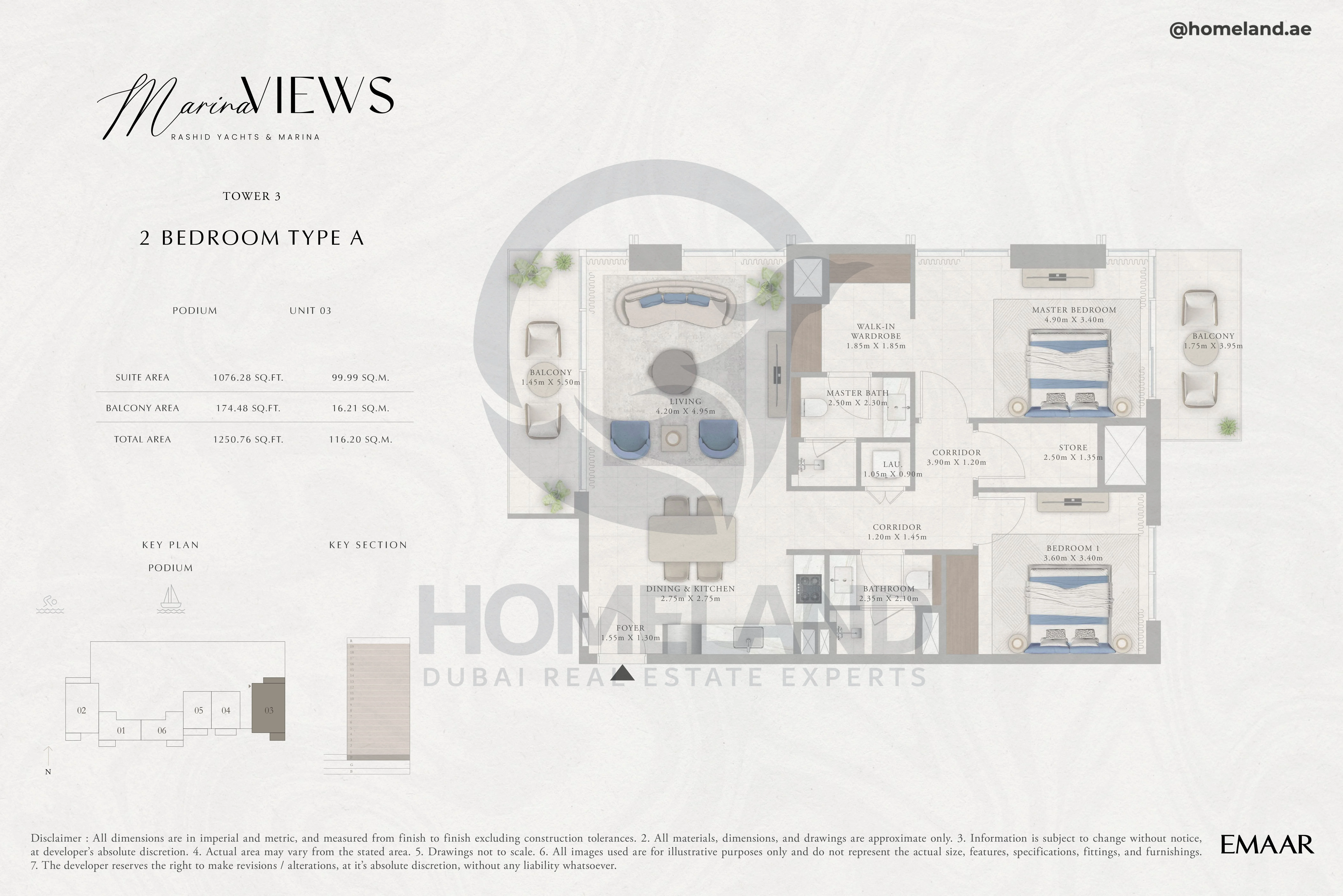 Marina Views, Tower 3, 2BR, Type A, Podium, Unit 03, 1250 SQFT