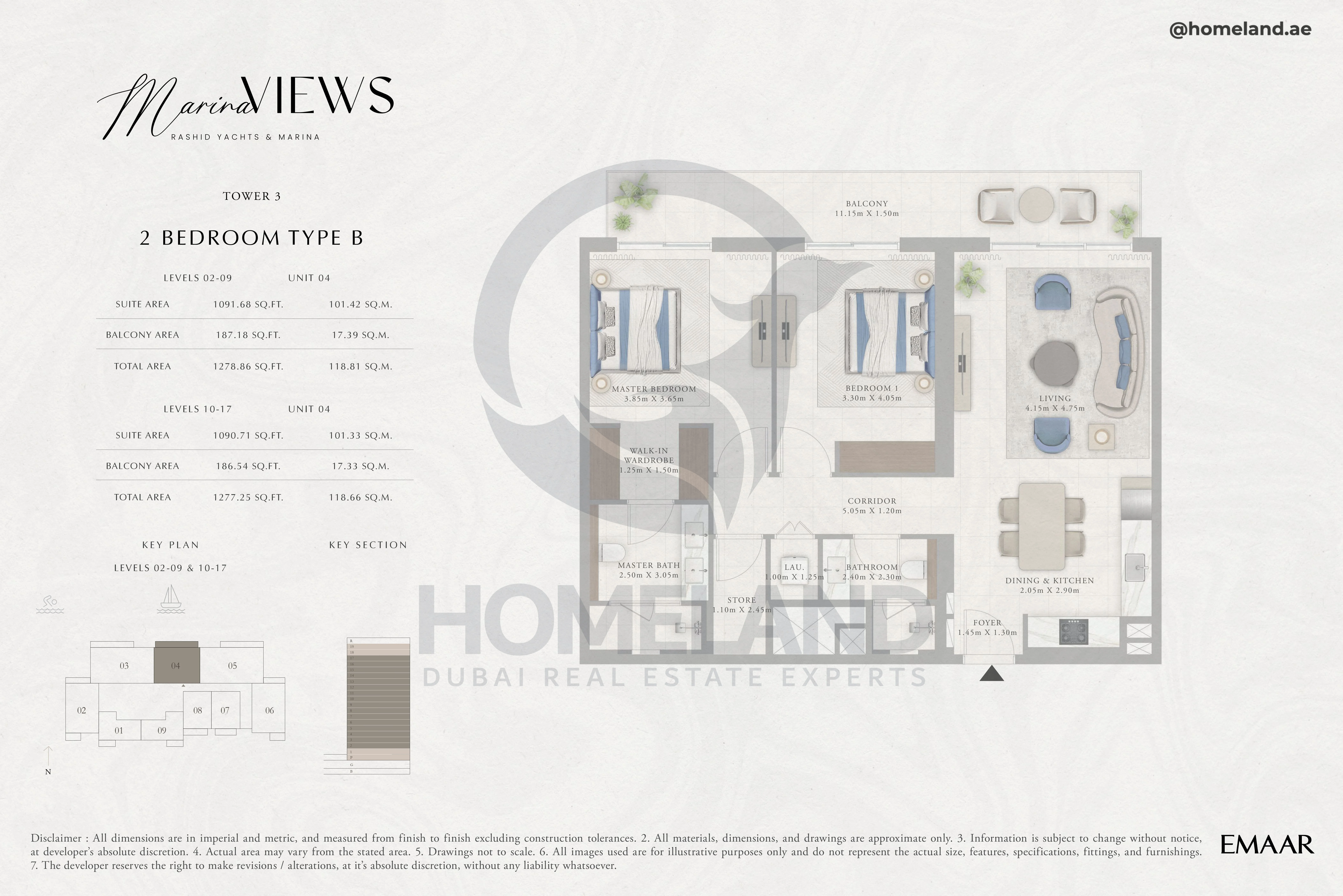 Marina Views, Tower 3, 2BR, Type B, Level 2 to 17, Unit 04, 1278 SQFT