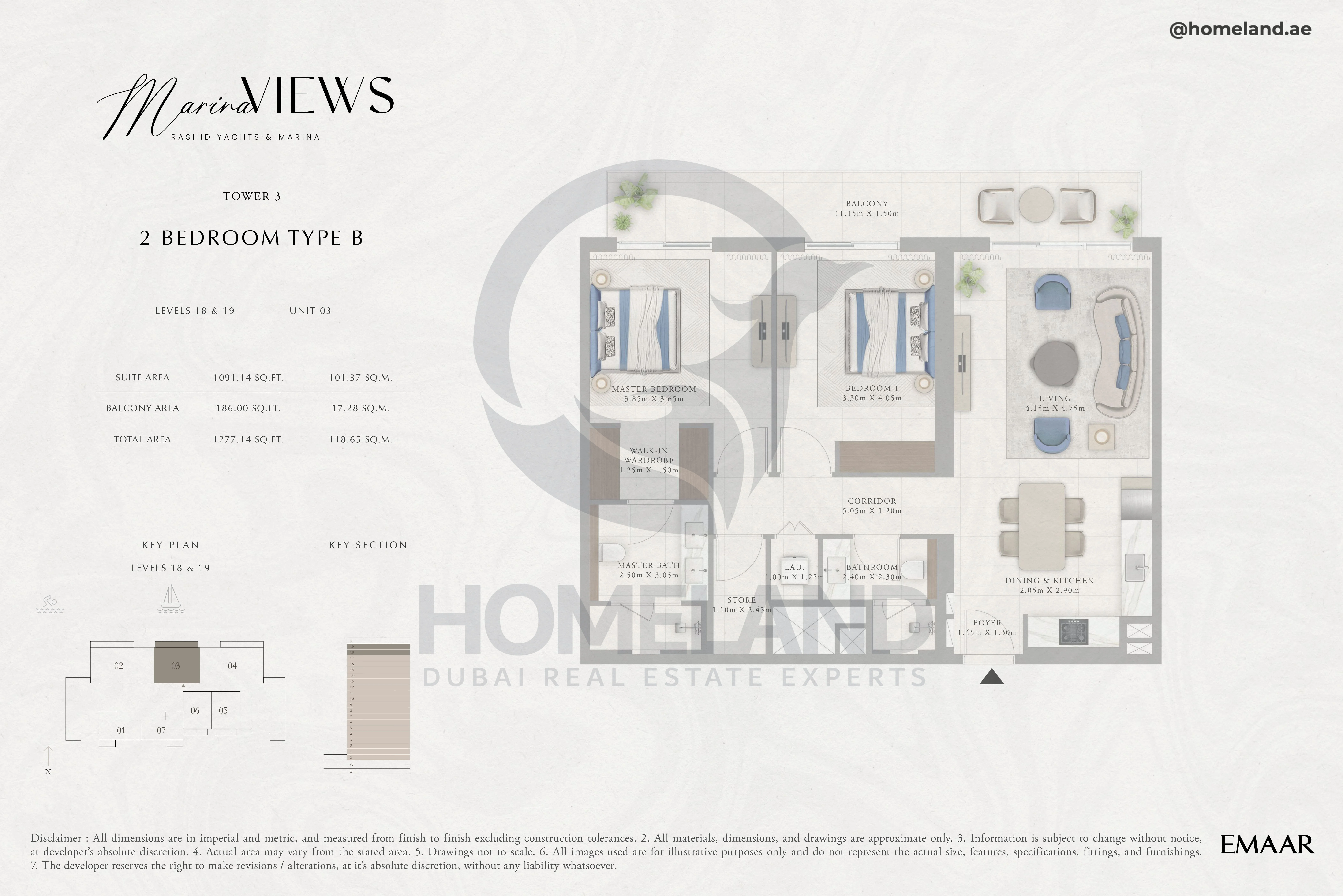 Marina Views, Tower 3, 2BR, Type B, Level 18-19, Unit 03, 1277 SQFT