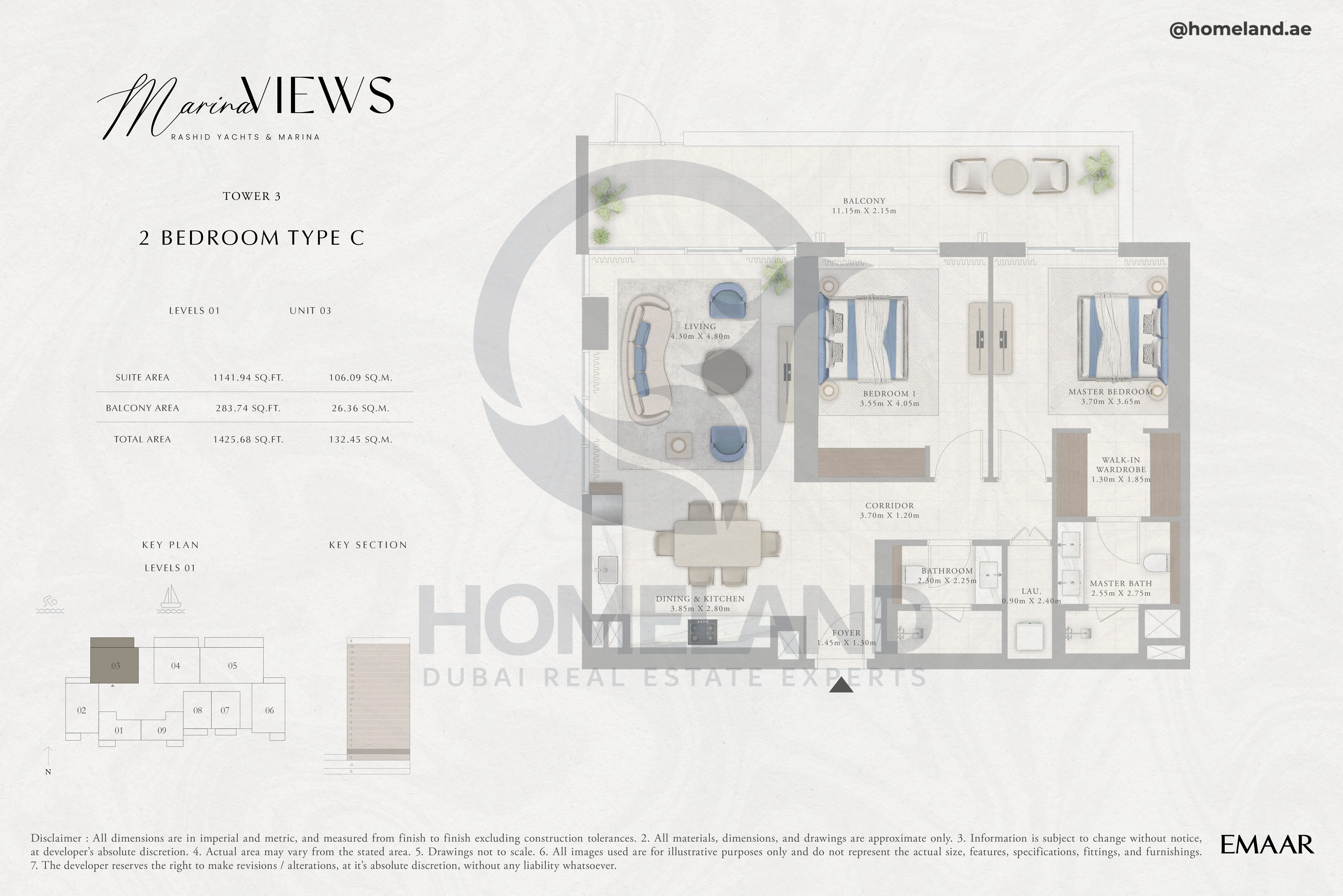 Marina Views, Tower 3, 2BR, Type C, Level 1, Unit 03, 1425 SQFT