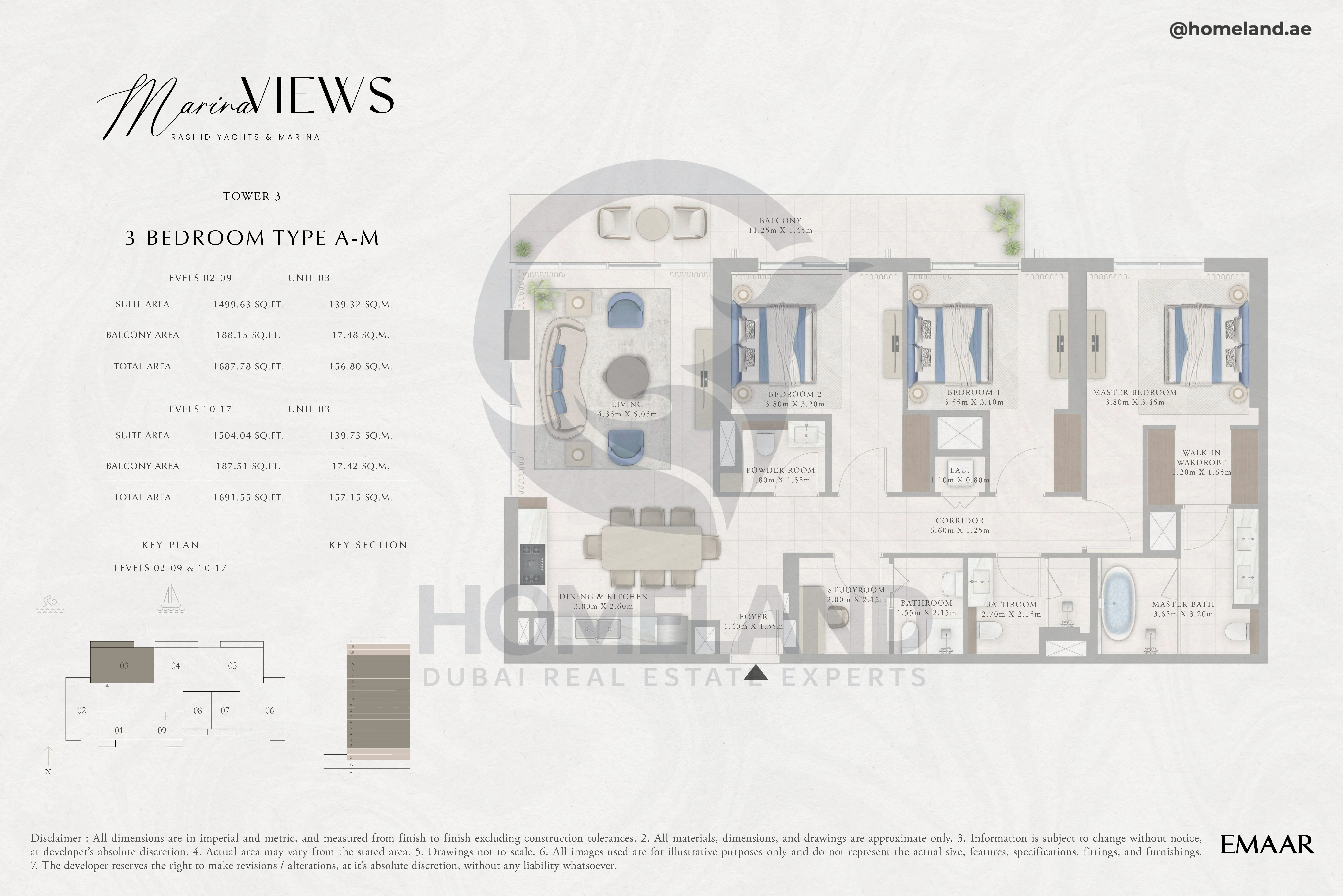 Marina Views, Tower 3, 3BR, Type A-M, Level 2 to 17, Unit 03, 1691 SQFT