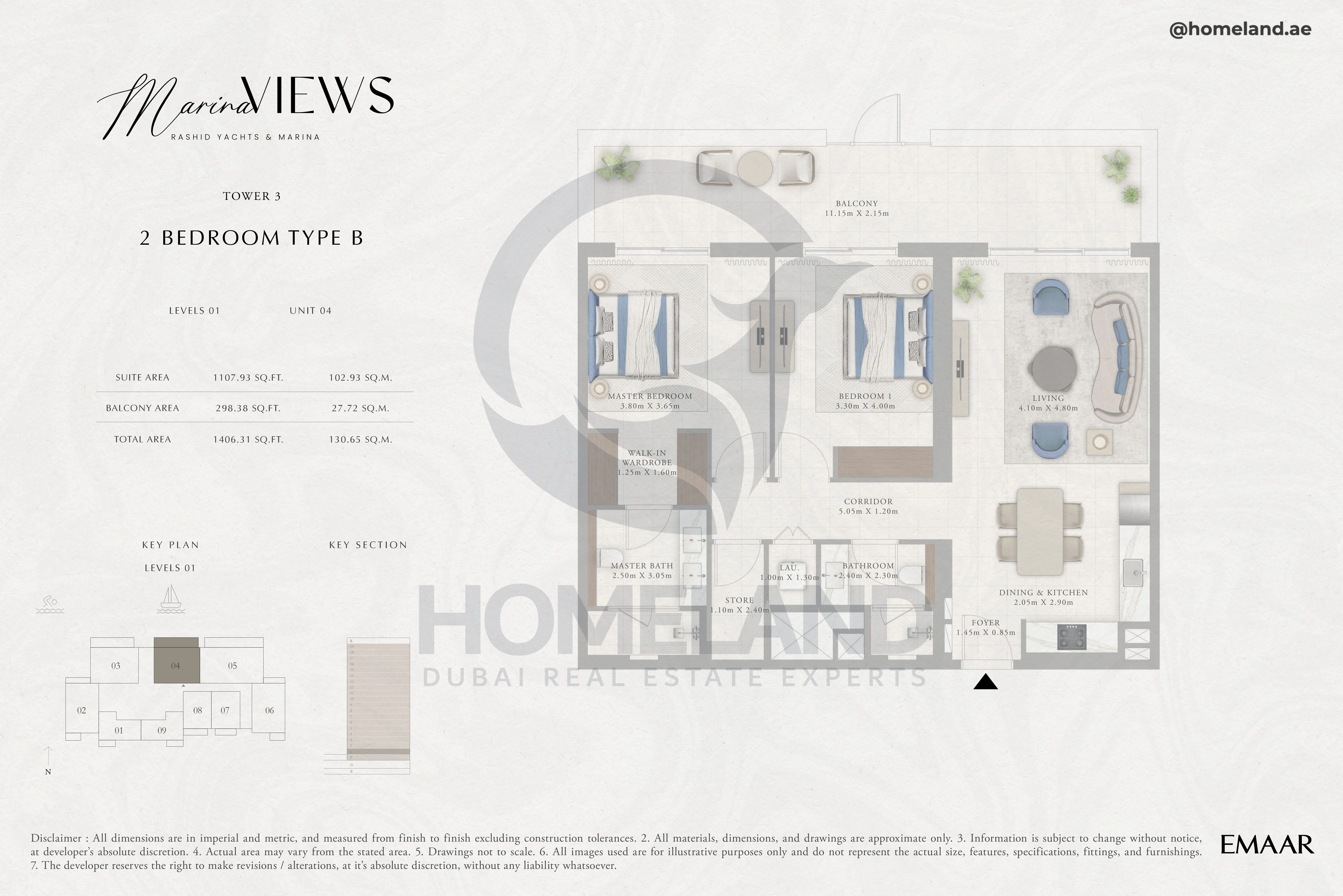 Marina Views, Tower 3, 2BR, Type B, Level 1, Unit 04, 1406 SQFT
