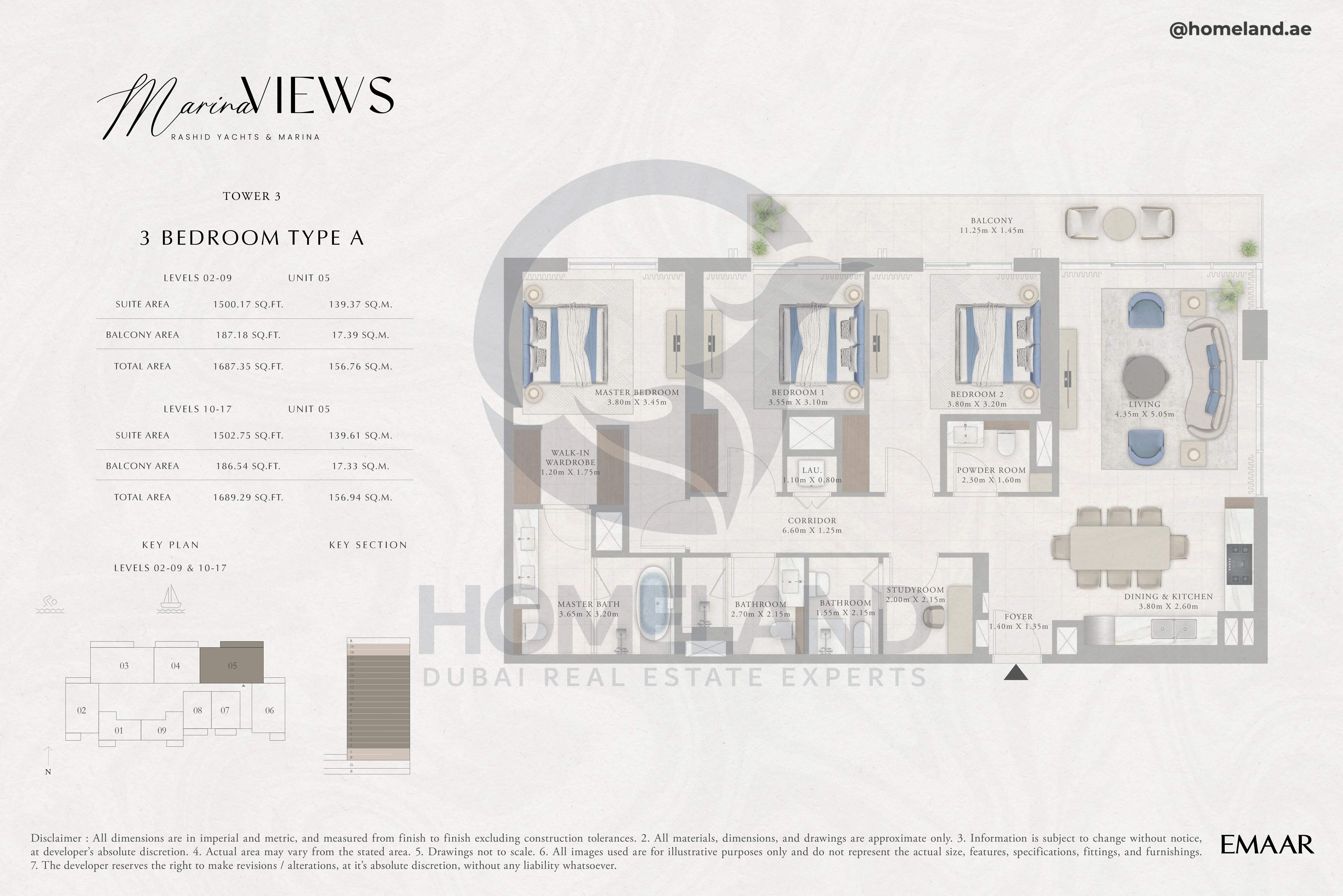 Marina Views, Tower 3, 3BR, Type A, Level 2 to 17, Unit 05, 1689 SQFT