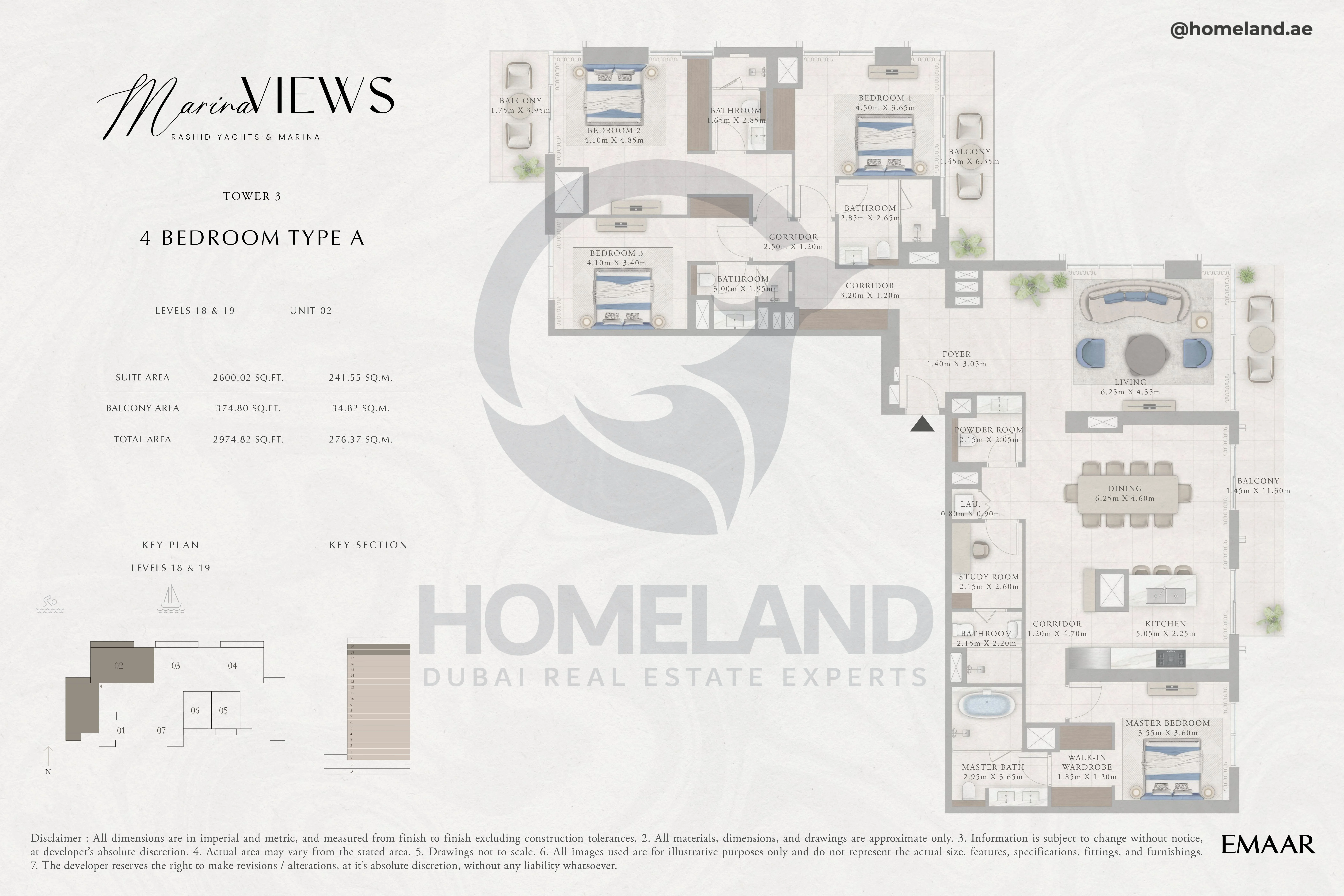 Marina Views, Tower 3, 4BR, Type A, Level 18-19, Unit 02, 2974 SQFT