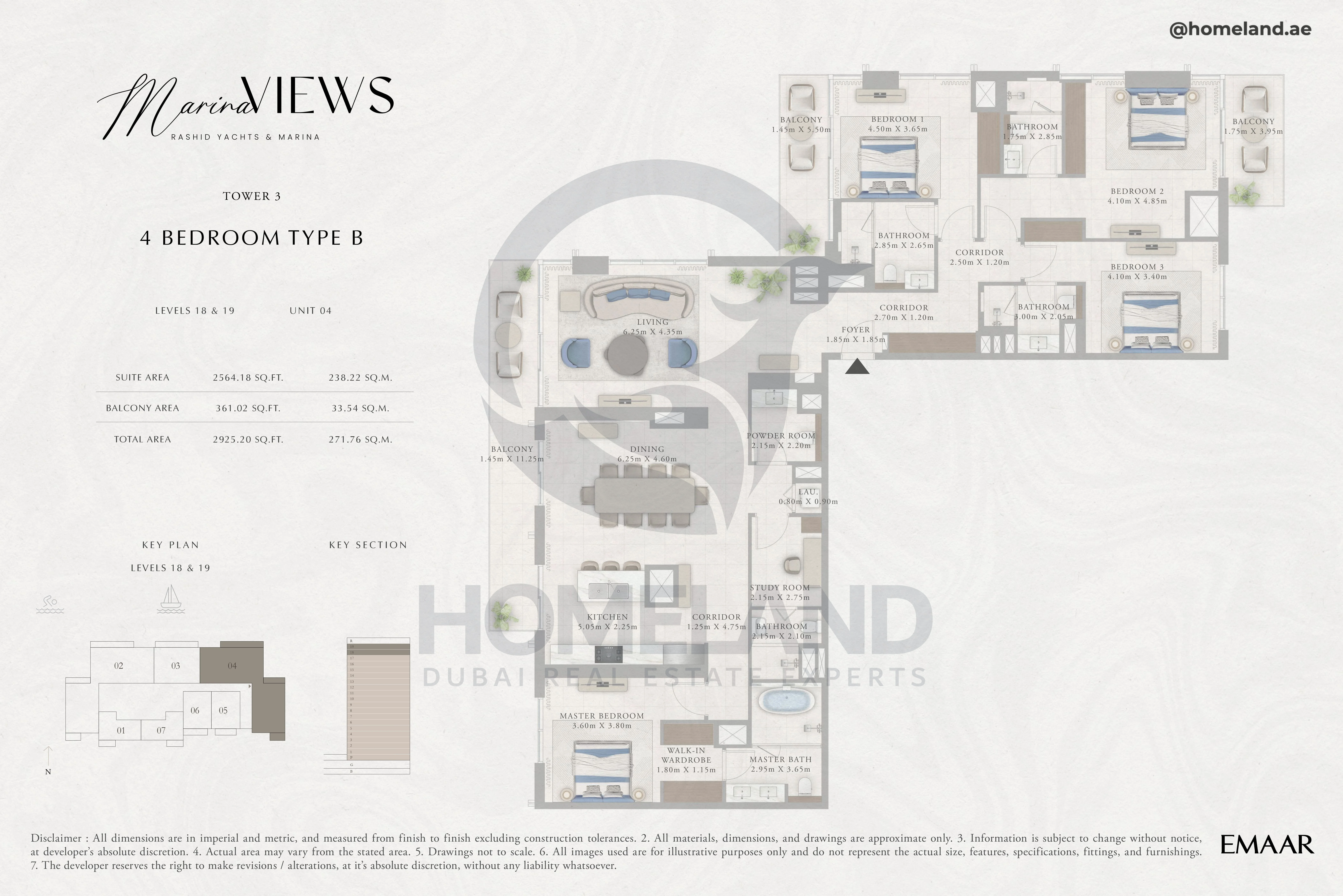 Marina Views, Tower 3, 4BR, Type B, Level 18-19, Unit 04, 2925 SQFT