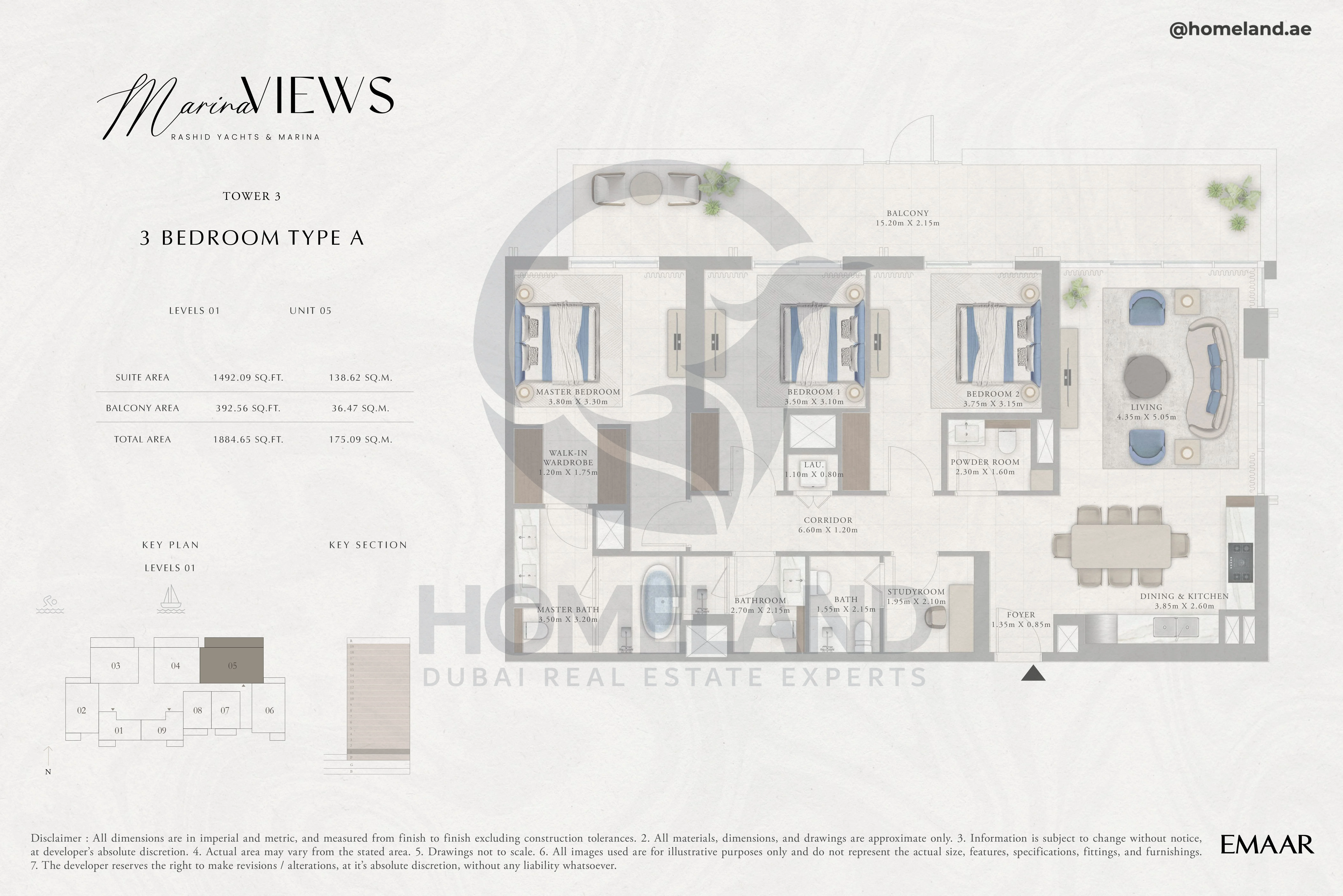 Marina Views, Tower 3, 3BR, Type A, Level 1, Unit 05, 1884 SQFT