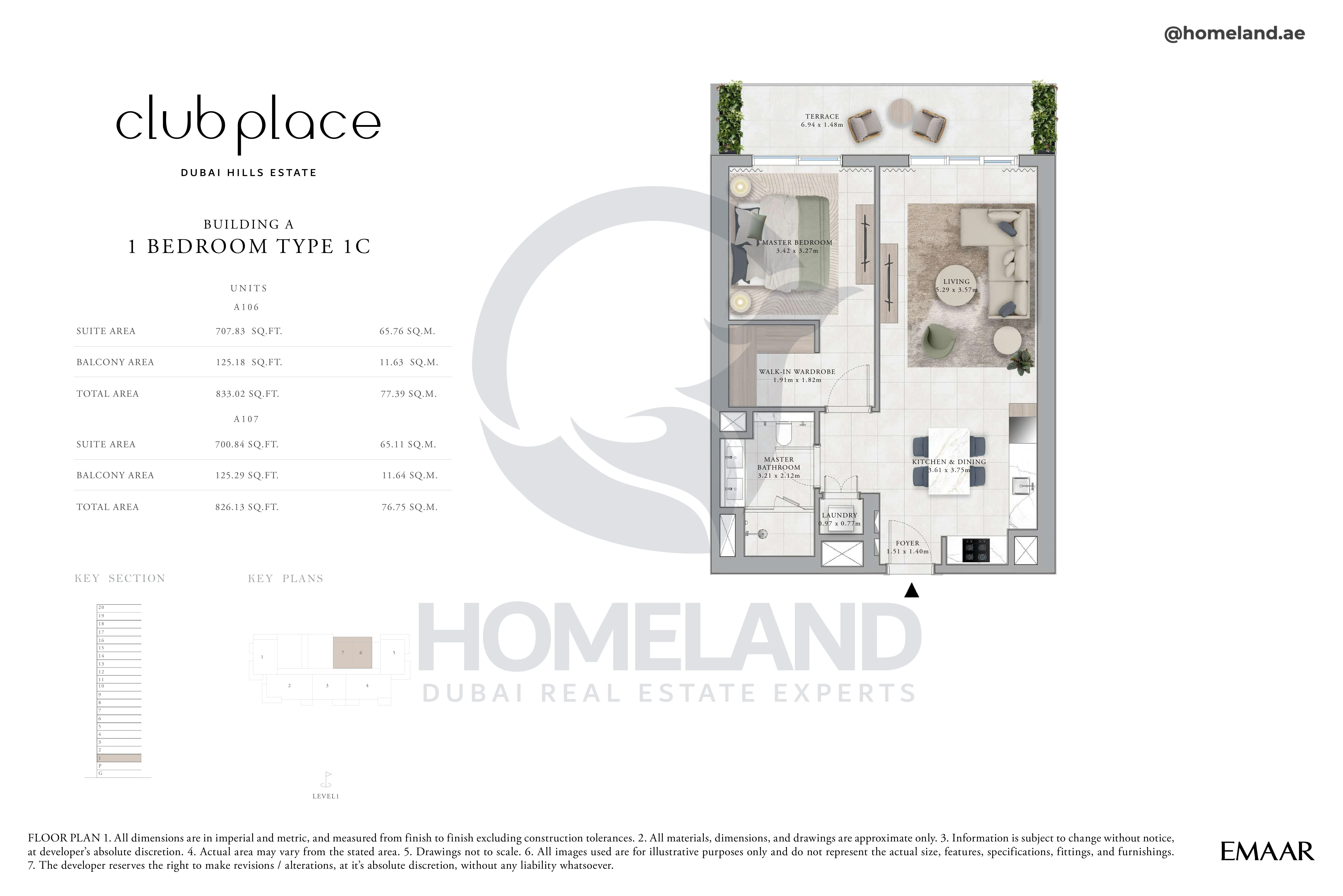 Club Place, Building A, 1BR, Type 1C, Unit A106-A107, Level 1, 826 SQFT