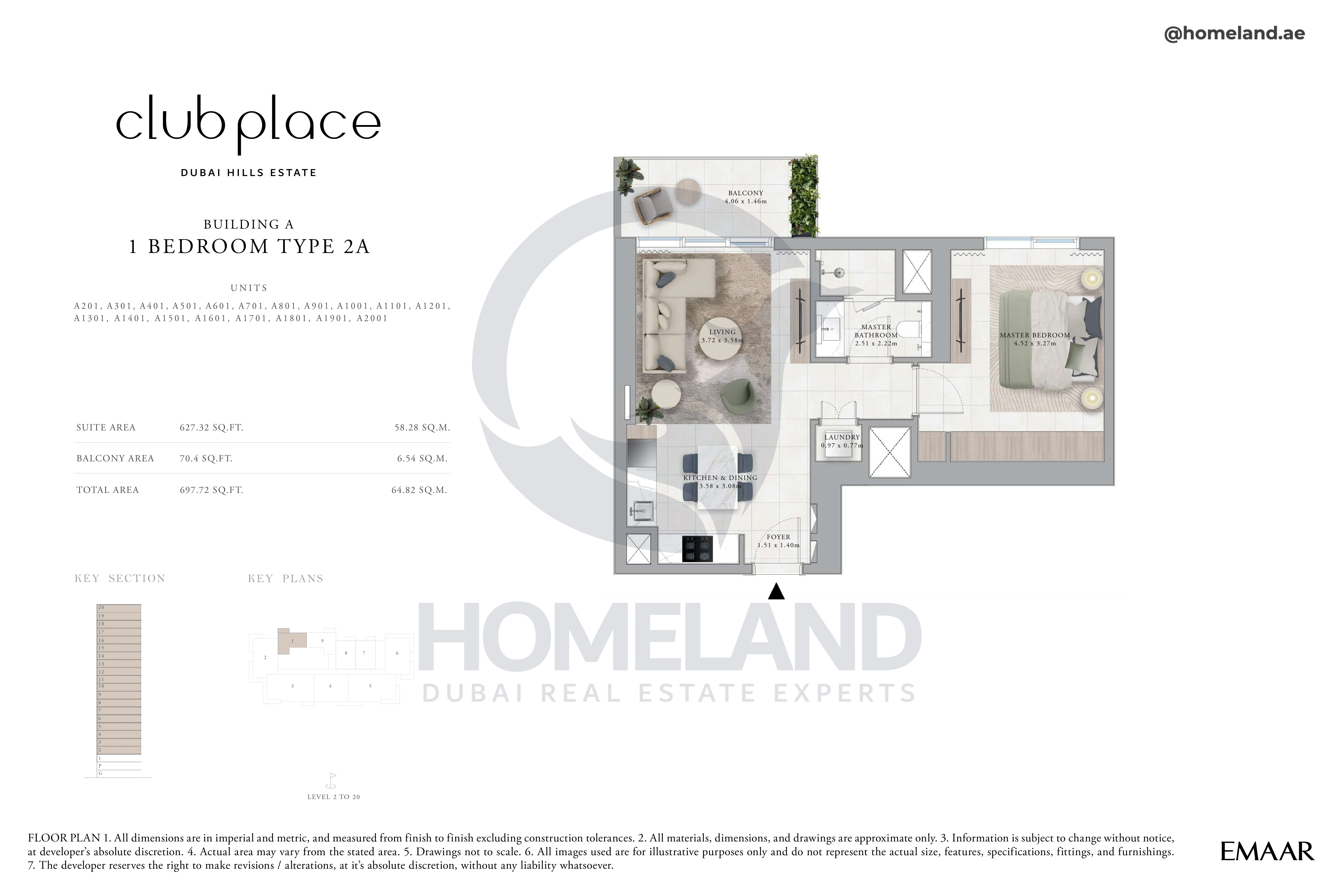 Club Place, Building A, 1BR, Type 2A, Unit A201 to A2001, Level 2 to 20, 697 SQFT