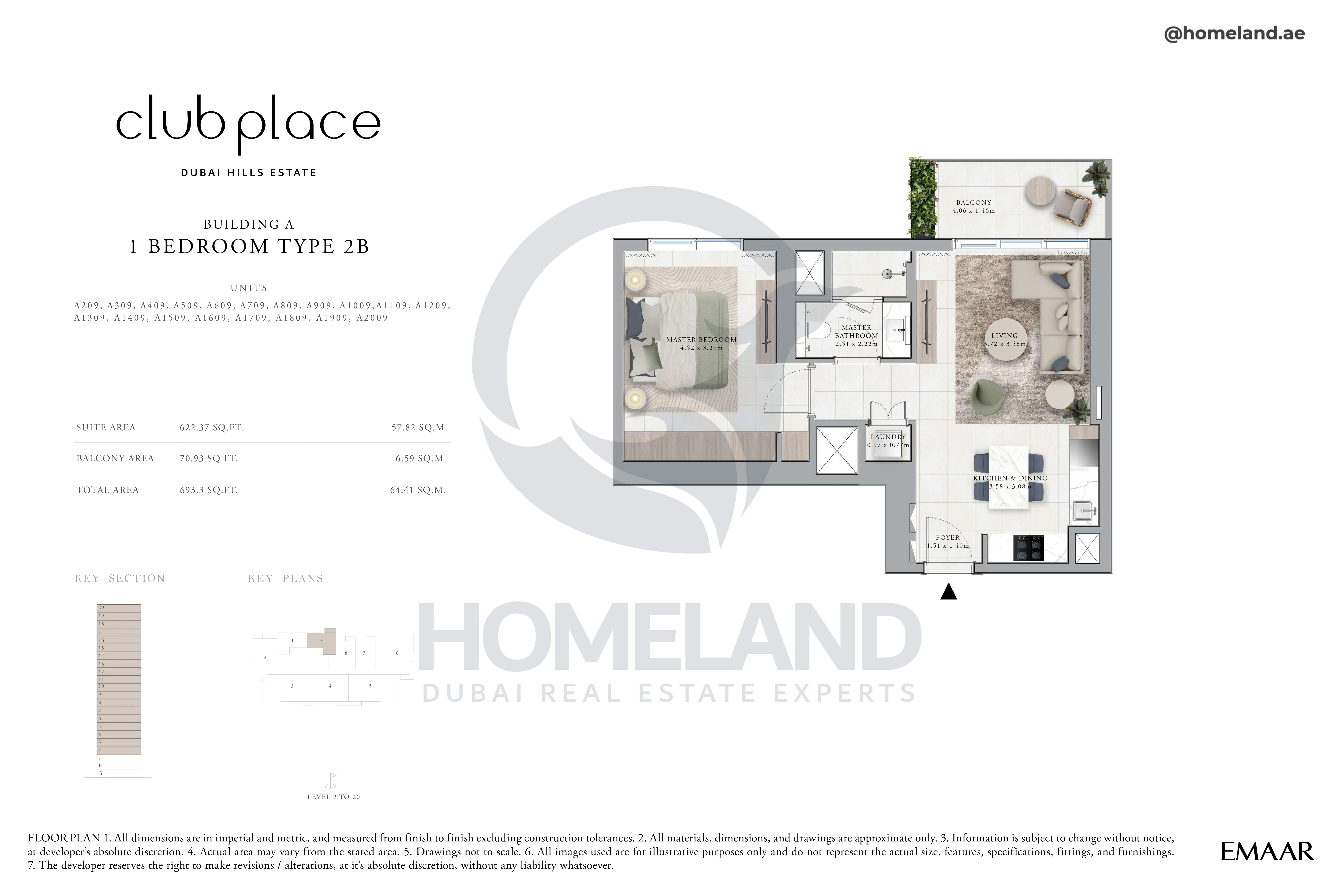 Club Place, Building A, 1BR, Type 2B, Unit A209 to A2009, Level 2 to 20, 693 SQFT