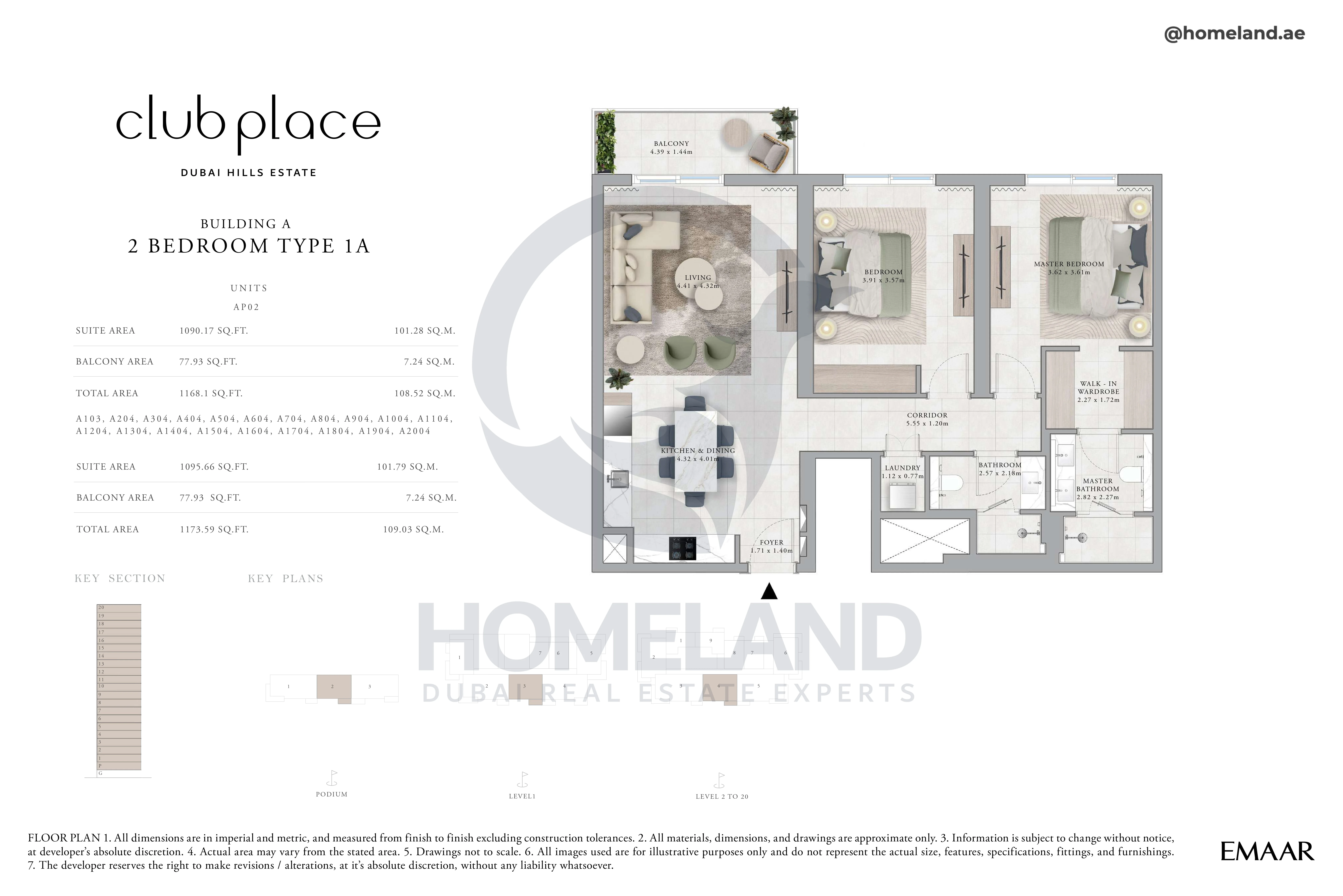 Club Place, Building A, 2BR, Type 1A, Unit AP02-A103-A204 to A2004, Level Podium - 1 to 20, 1173 SQFT