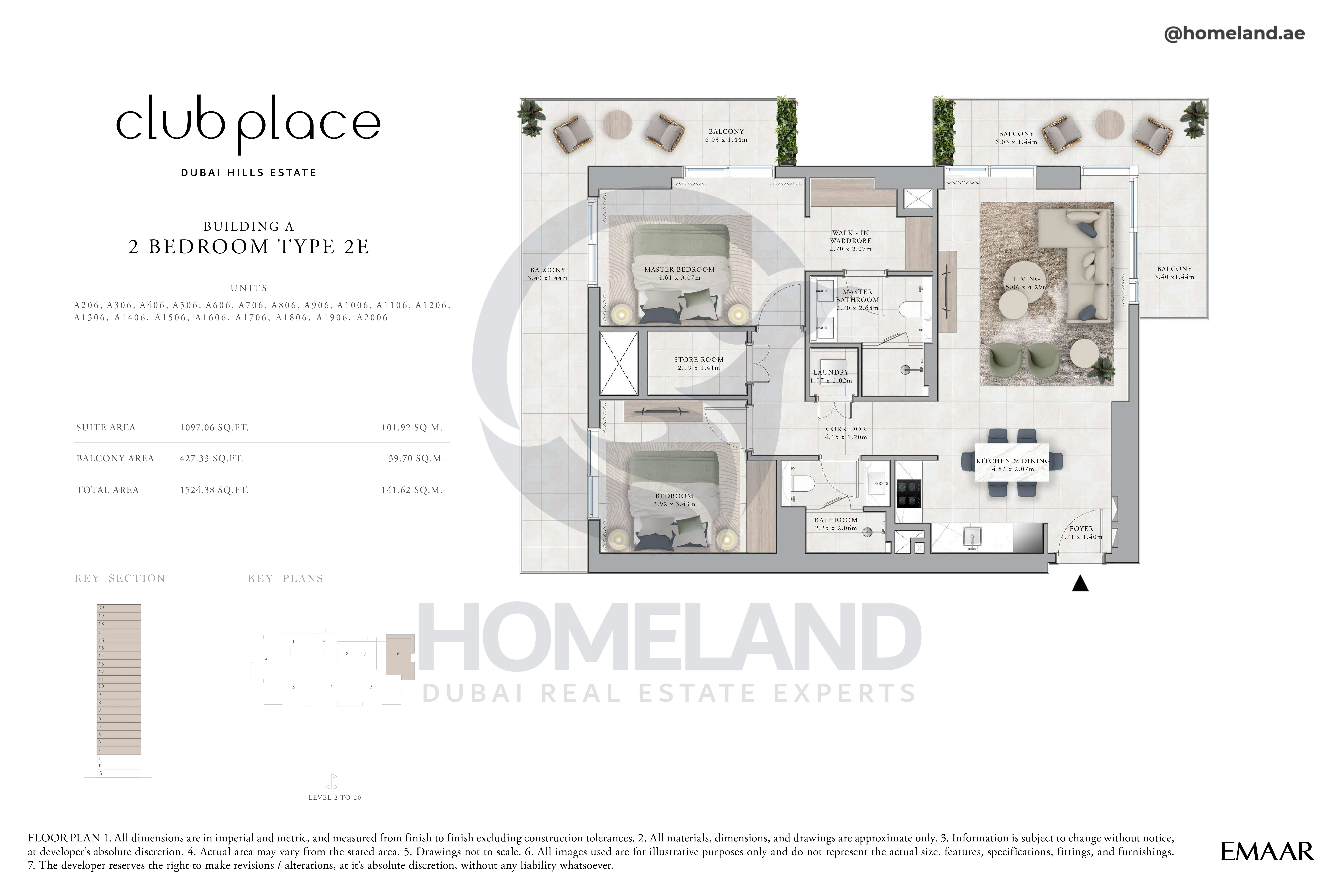 Club Place, Building A, 2BR, Type 2E, Unit A206 to A2006, Level 2 to 20, 1524 SQFT