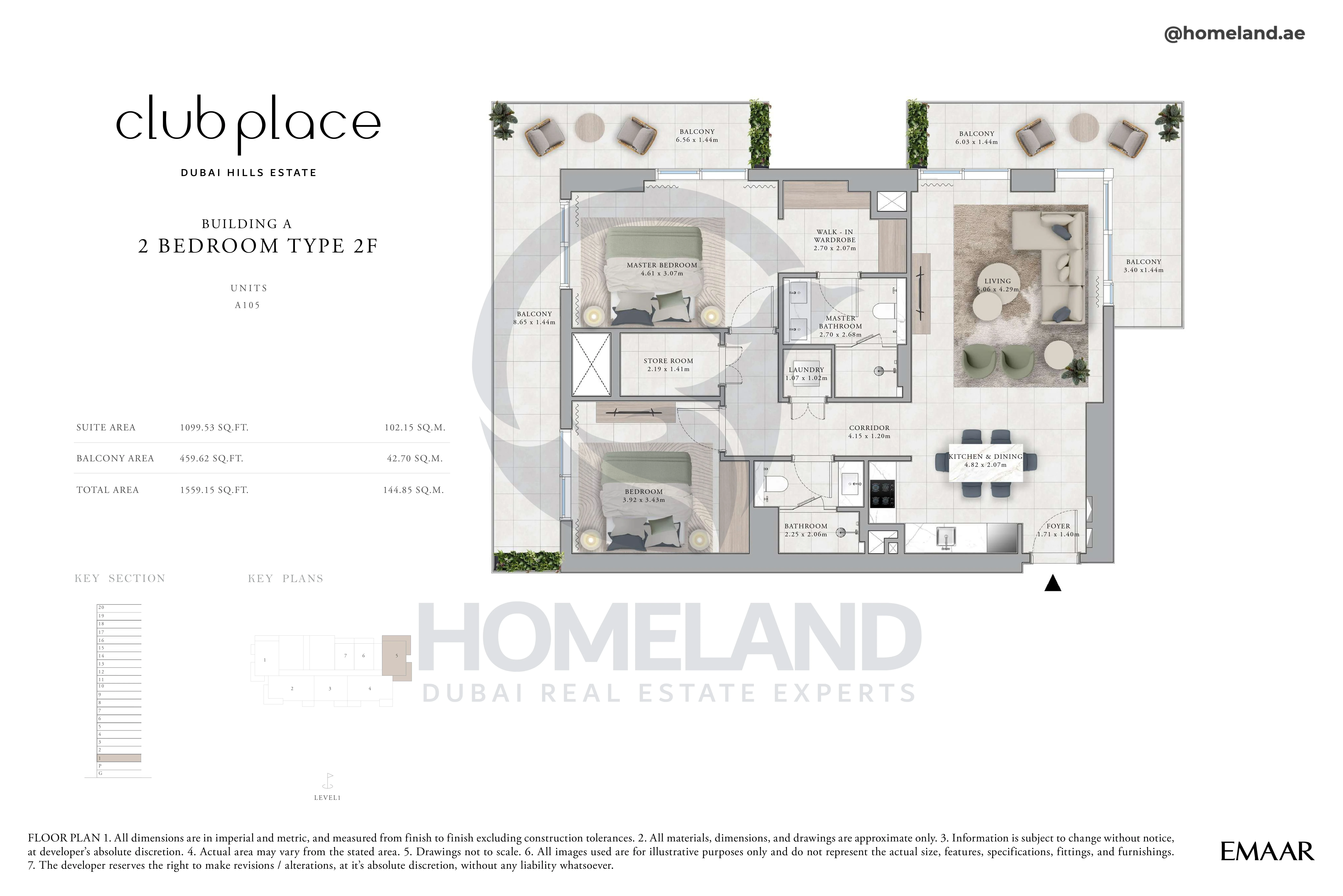 Club Place, Building A, 2BR, Type 2F, Unit A105, Level 1, 1559 SQFT