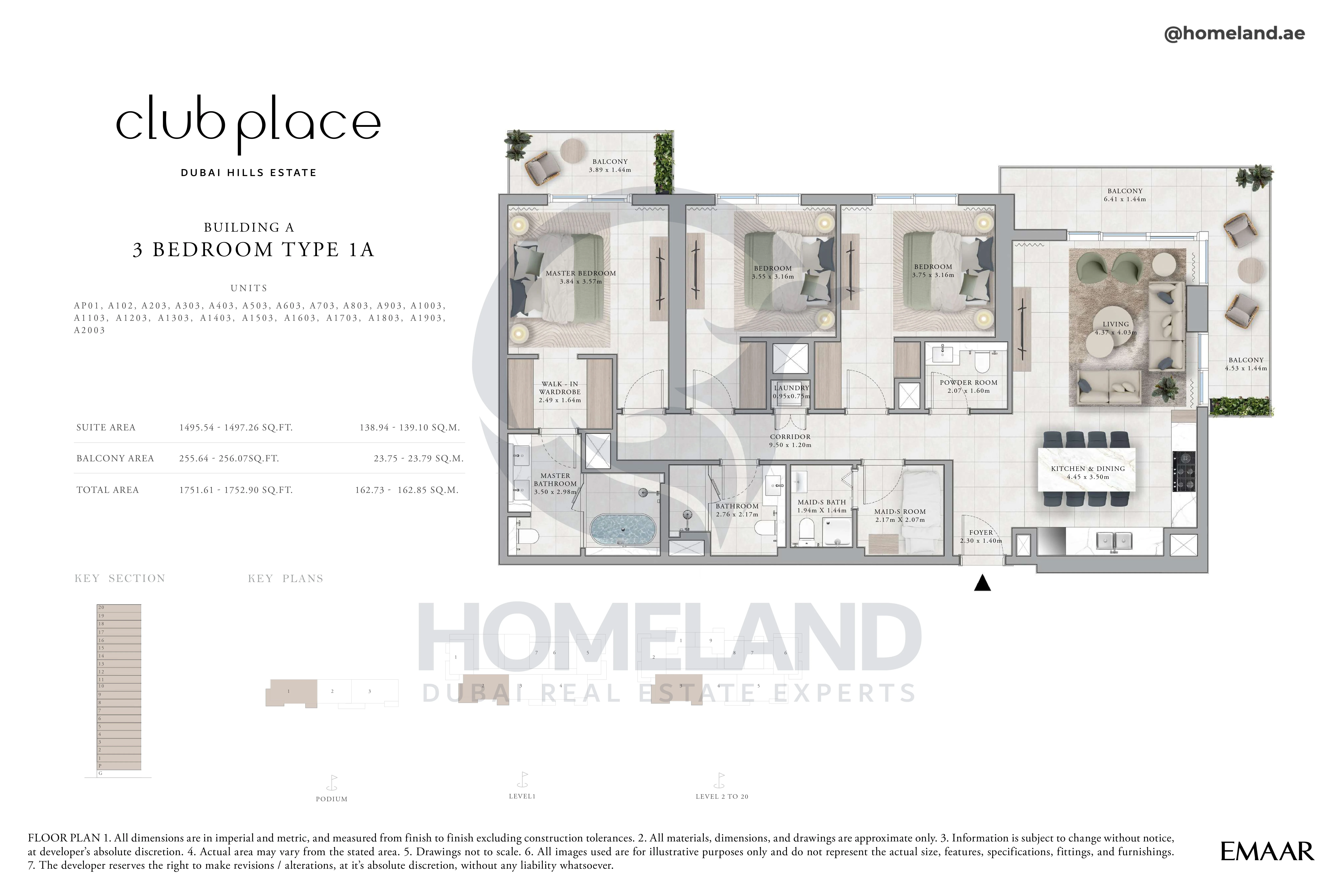 Club Place, Building A, 3BR, Type 1A, Unit AP01-A102-A203 to A2003, Level Podium - 1 to 20, 1752 SQFT