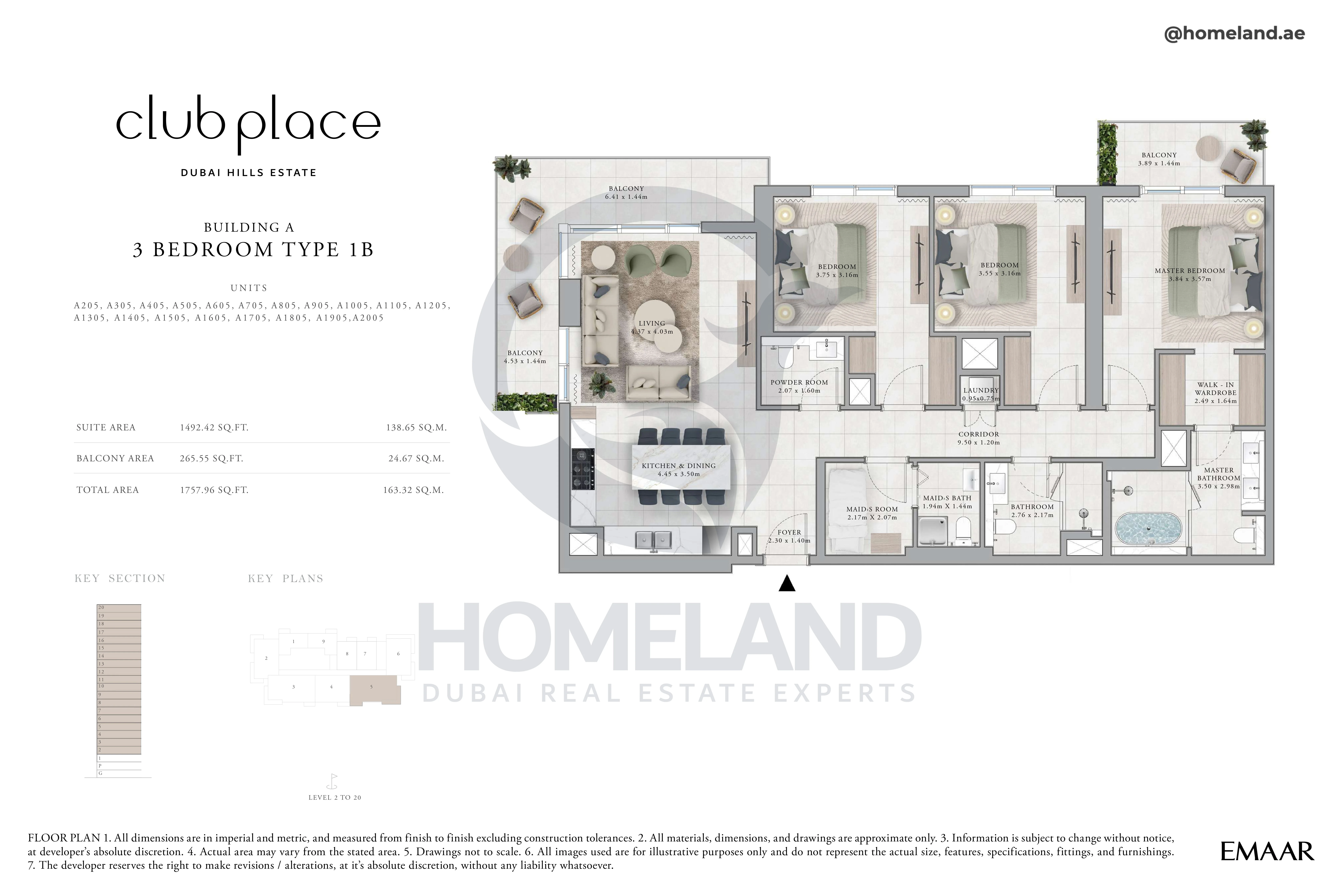 Club Place, Building A, 3BR, Type 1B, Unit A205 to A2005, Level 2 to 20, 1757 SQFT