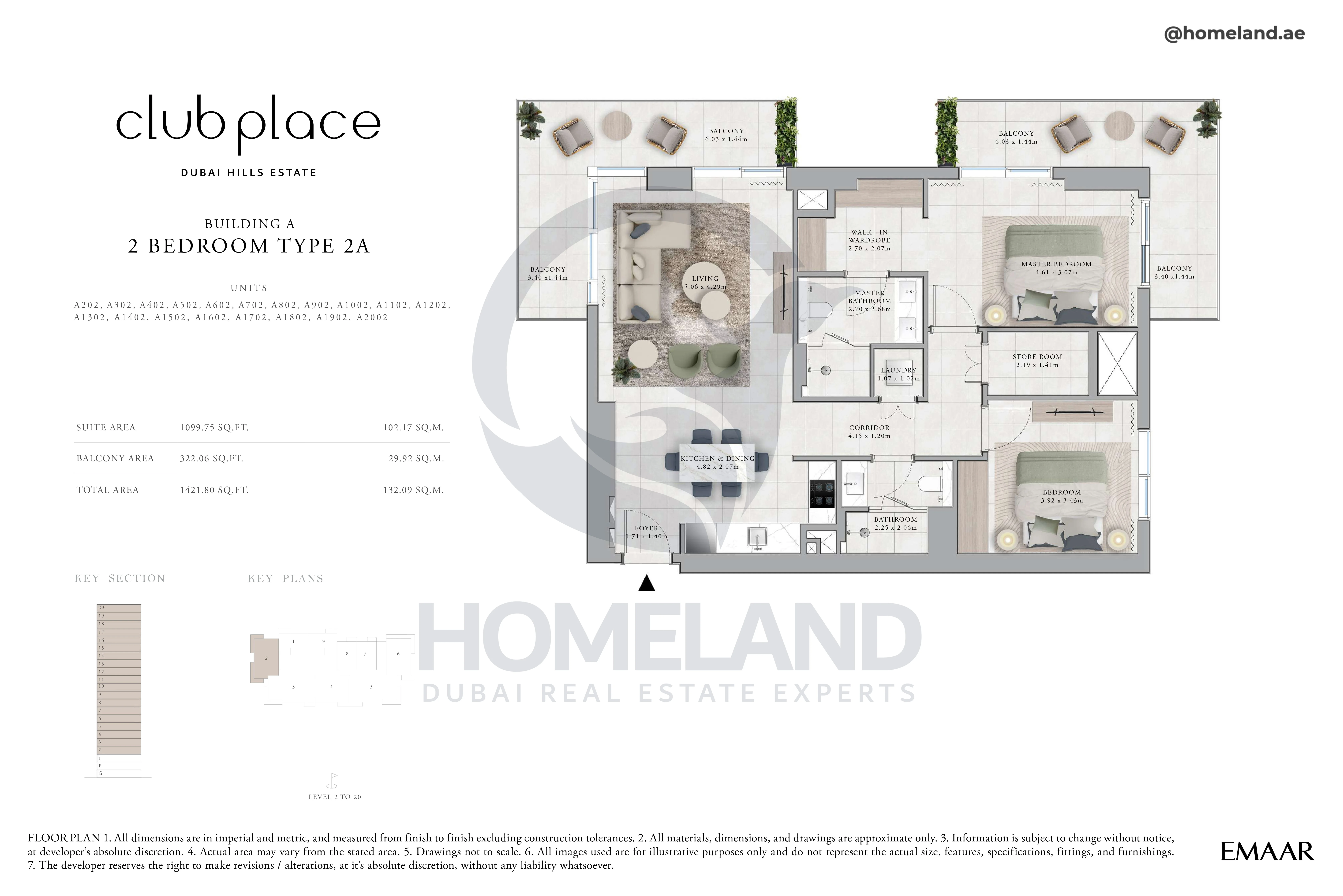 Club Place, Building A, 2BR, Type 2A, Unit A202 to A2002, Level 2 to 20, 1421 SQFT
