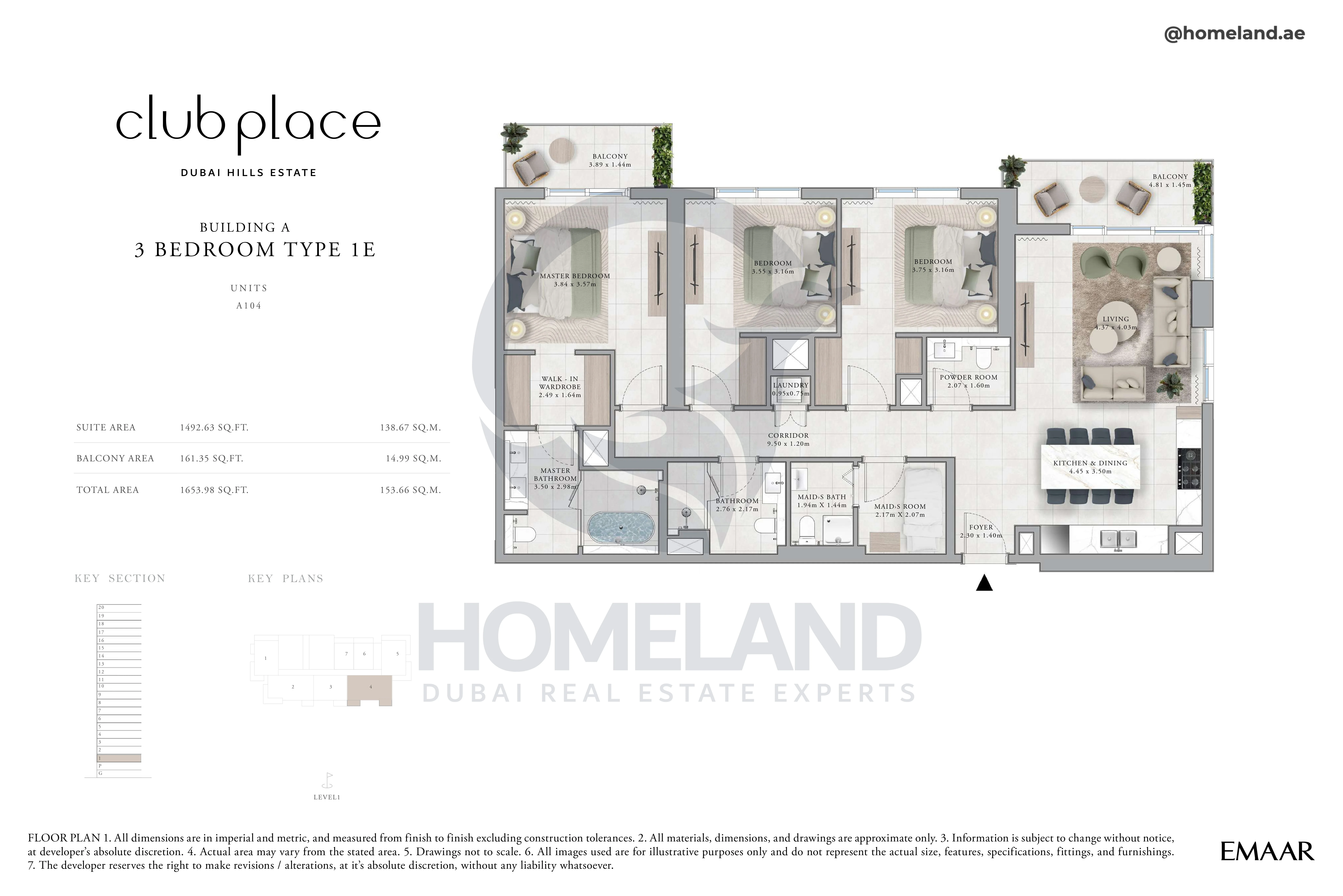 Club Place, Building A, 3BR, Type 1E, Unit A104, Level 1, 1653 SQFT