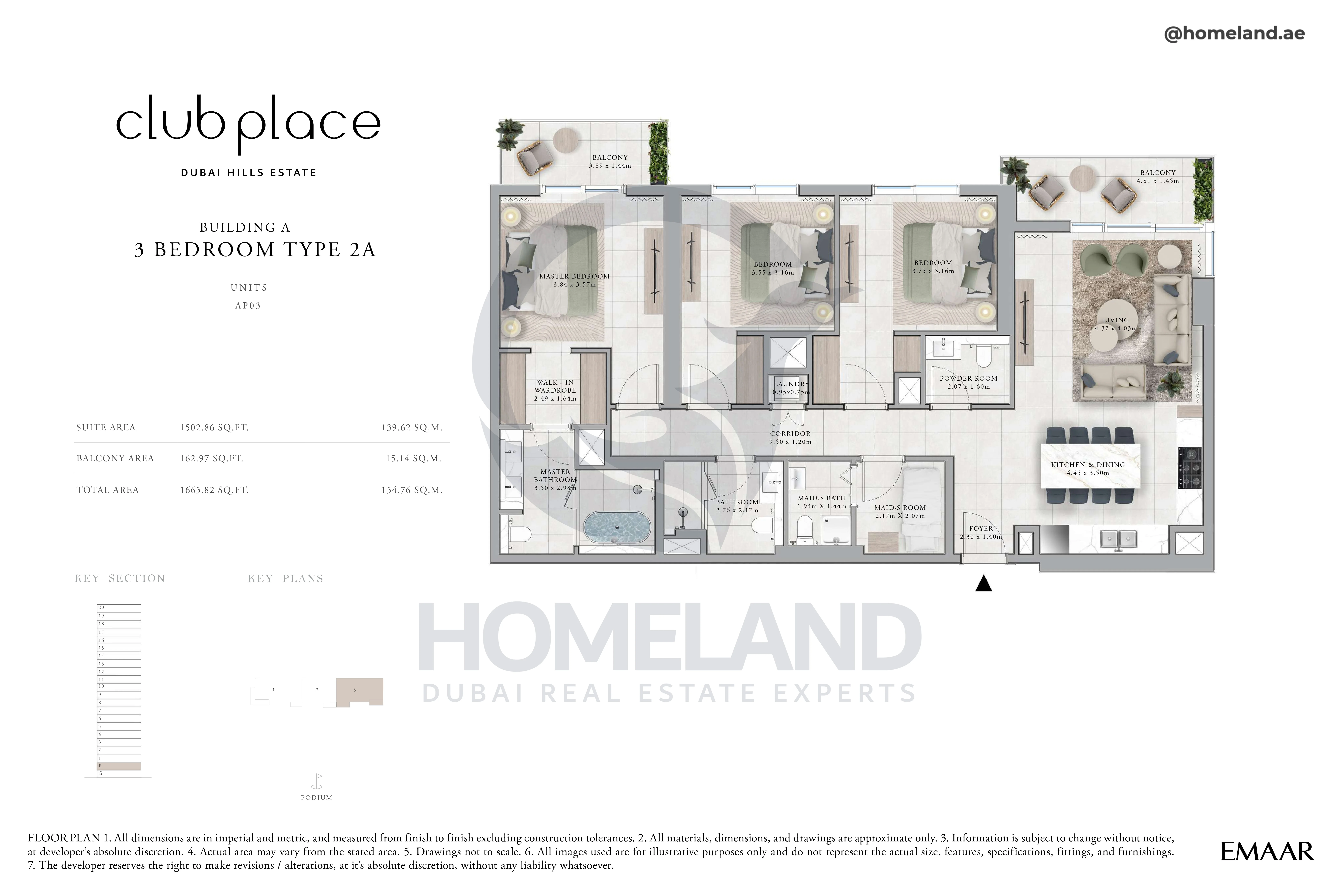 Club Place, Building A, 3BR, Type 2A, Unit AP03, Level Podium, 1665 SQFT