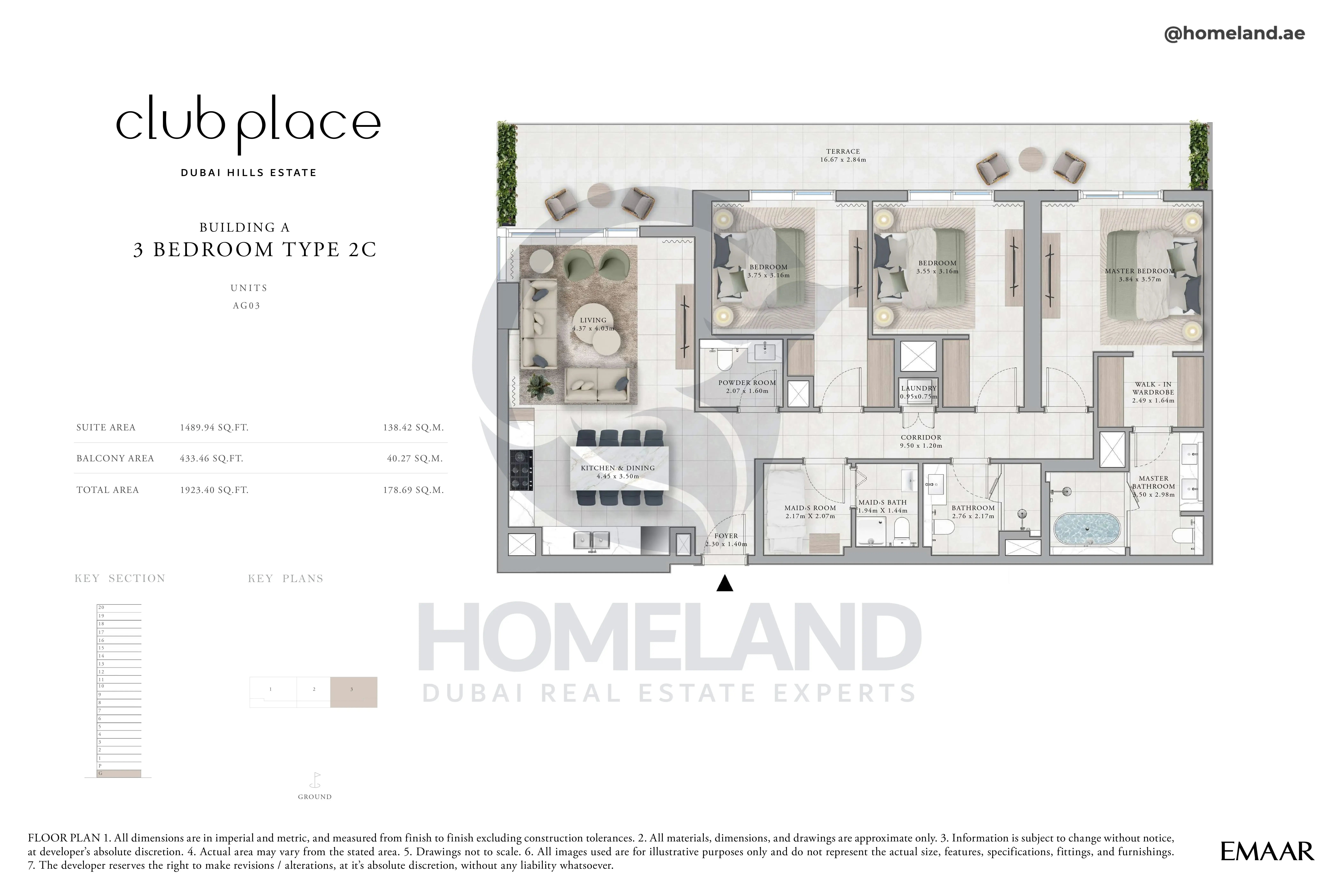 Club Place, Building A, 3BR, Type 2C, Unit AG03, Level Ground, 1923 SQFT