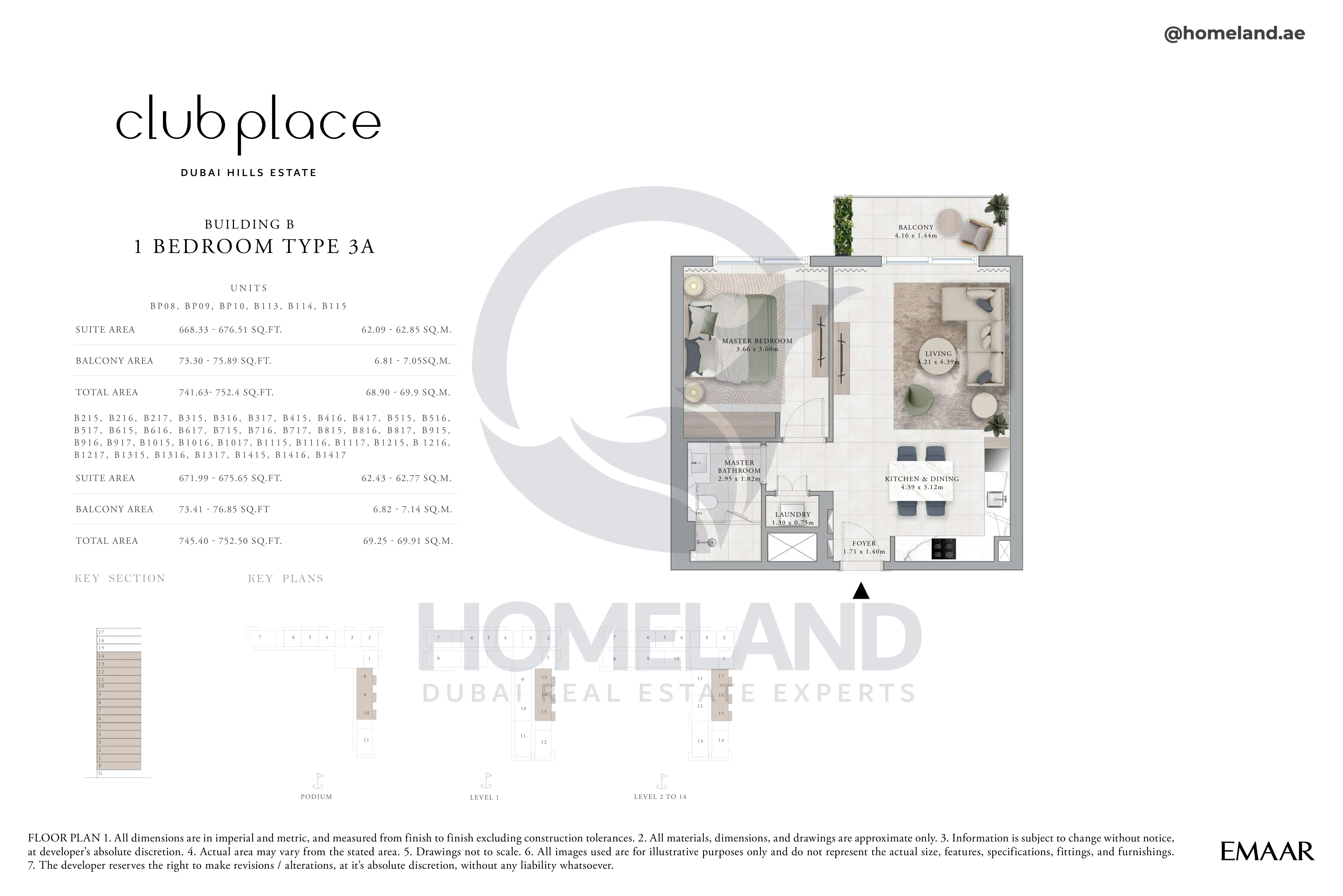 Club Place, Building B, 1BR, Type 3A, Unit BP08 to BP10-B113 to B115-B215 to B1417, Level Podium - 1 to 14, 745 SQFT