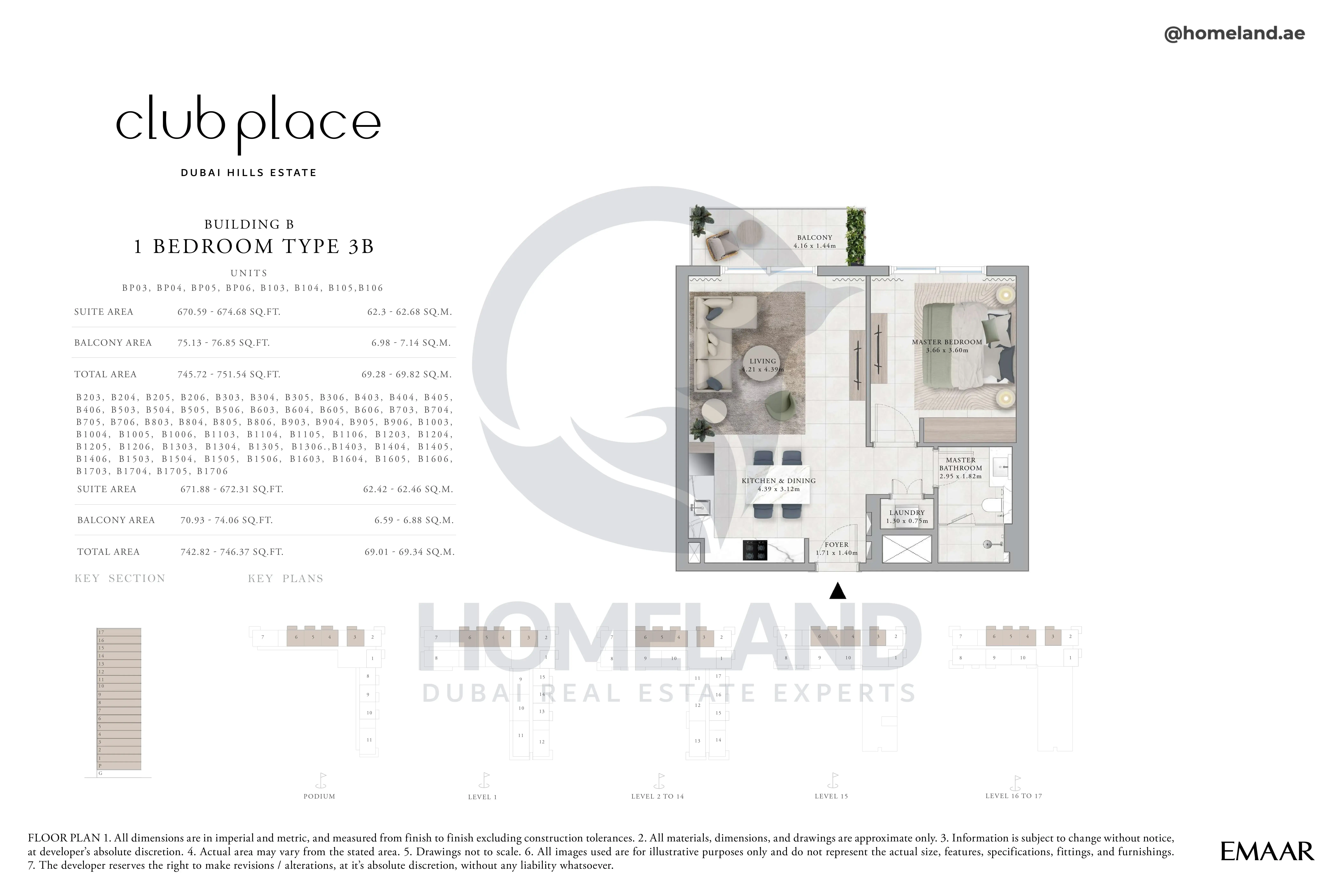 Club Place, Building B, 1BR, Type 3B, Unit BP03 to BP06-B103 to B106-B203 to B1706, Level Podium - 1 to 17, 745 SQFT