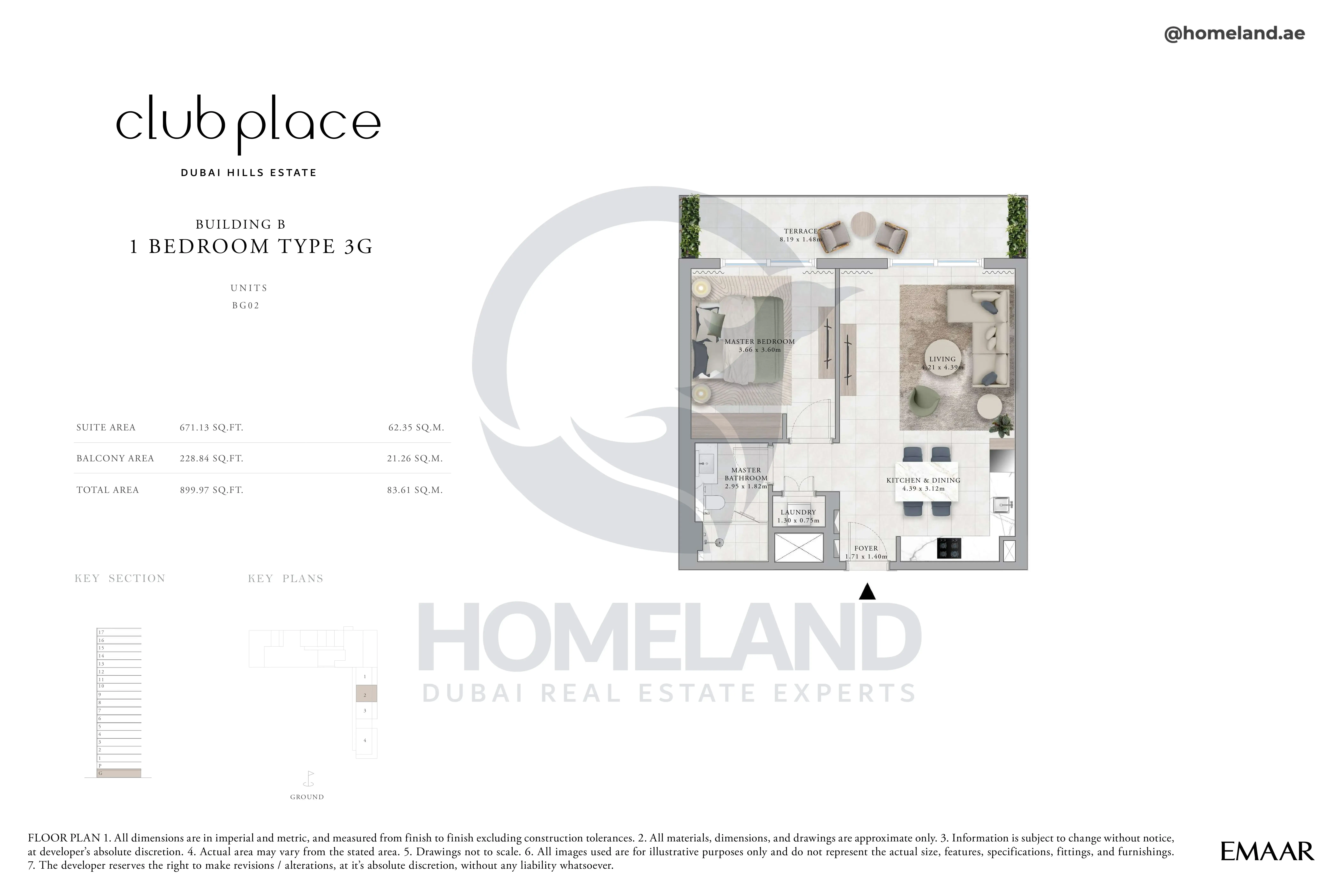 Club Place, Building B, 1BR, Type 3G, Unit BG02, Level Ground, 899 SQFT