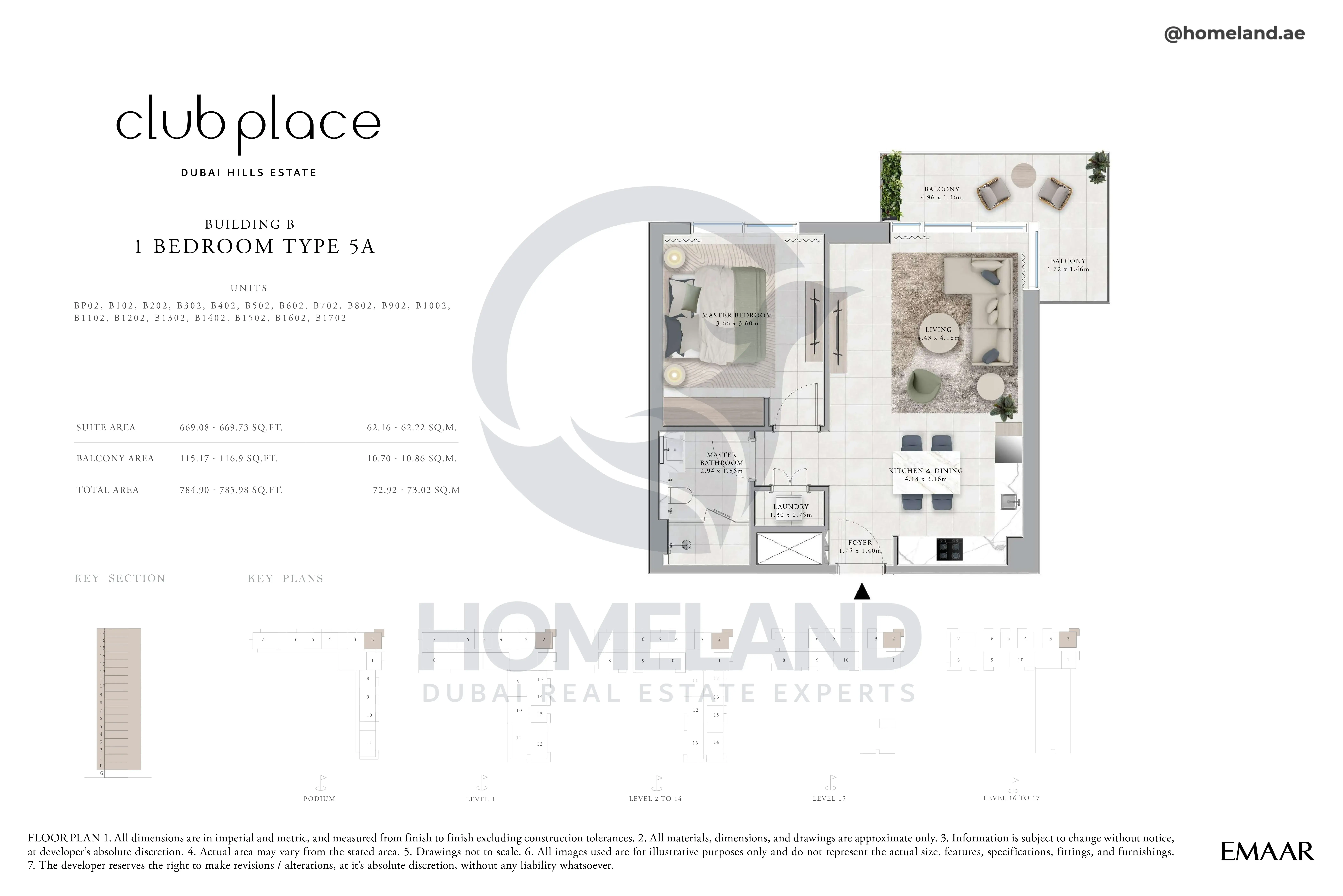 Club Place, Building B, 1BR, Type 5A, Unit BP02-B102 to B1702, Level Podium - 1 to 17, 784 SQFT