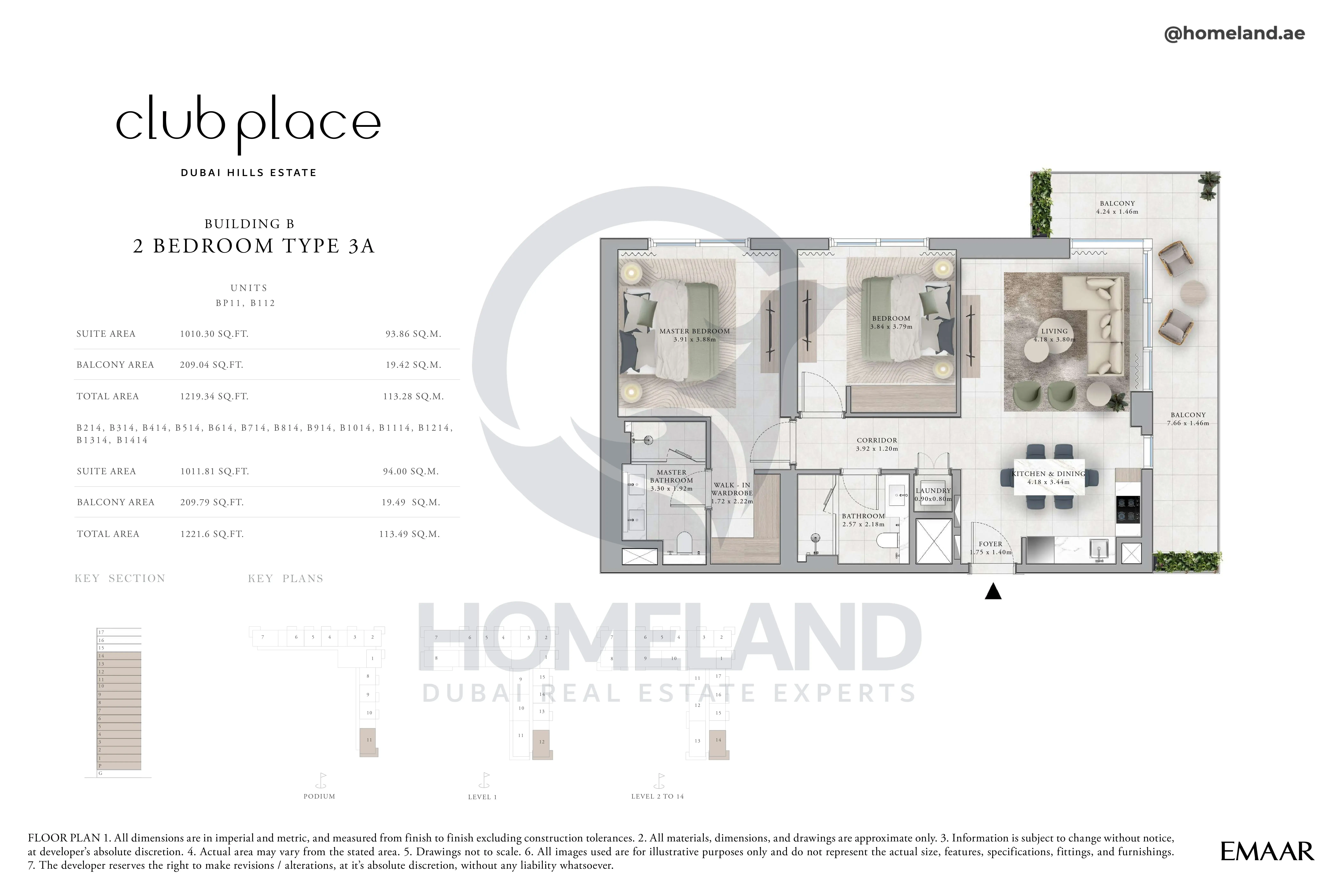 Club Place, Building B, 2BR, Type 3A, Unit BP11-B112-B214 to B1414, Level Podium - 1 to 14, 1221 SQFT