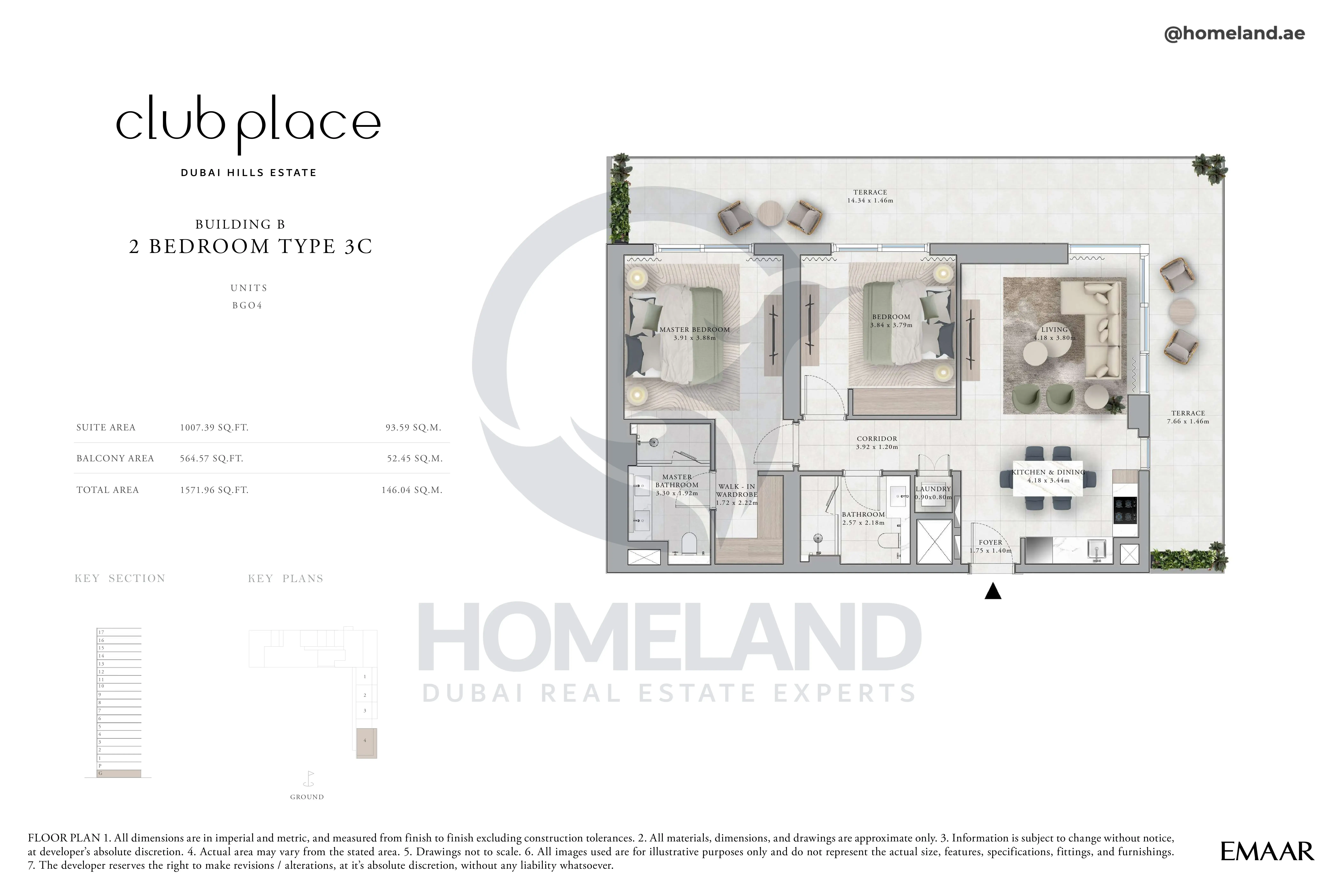 Club Place, Building B, 2BR, Type 3C, Unit BG04, Level Ground, 1571 SQFT