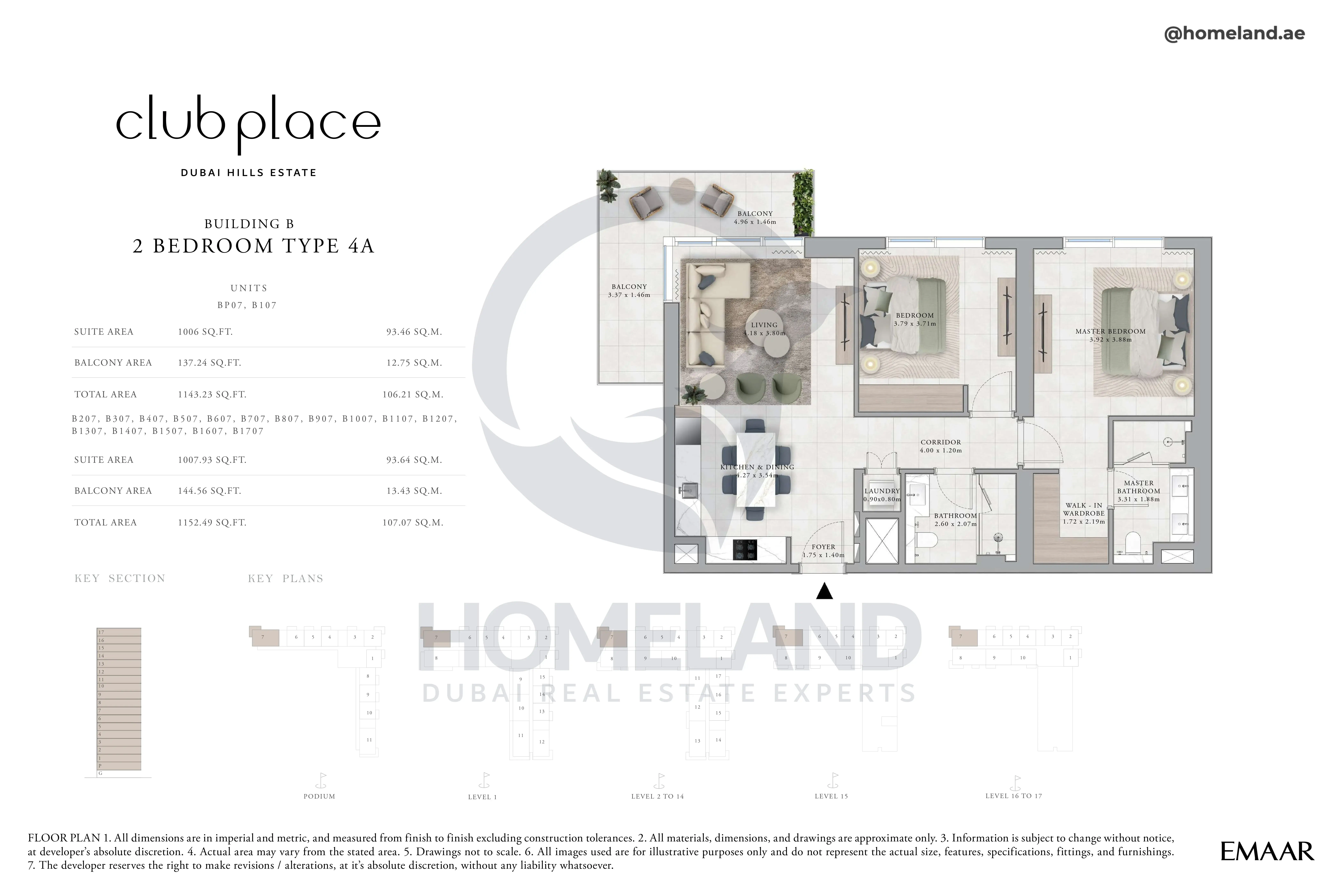 Club Place, Building B, 2BR, Type 4A, Unit BP07-B107-B207 to B1707, Level Podium - 1 to 17, 1152 SQFT