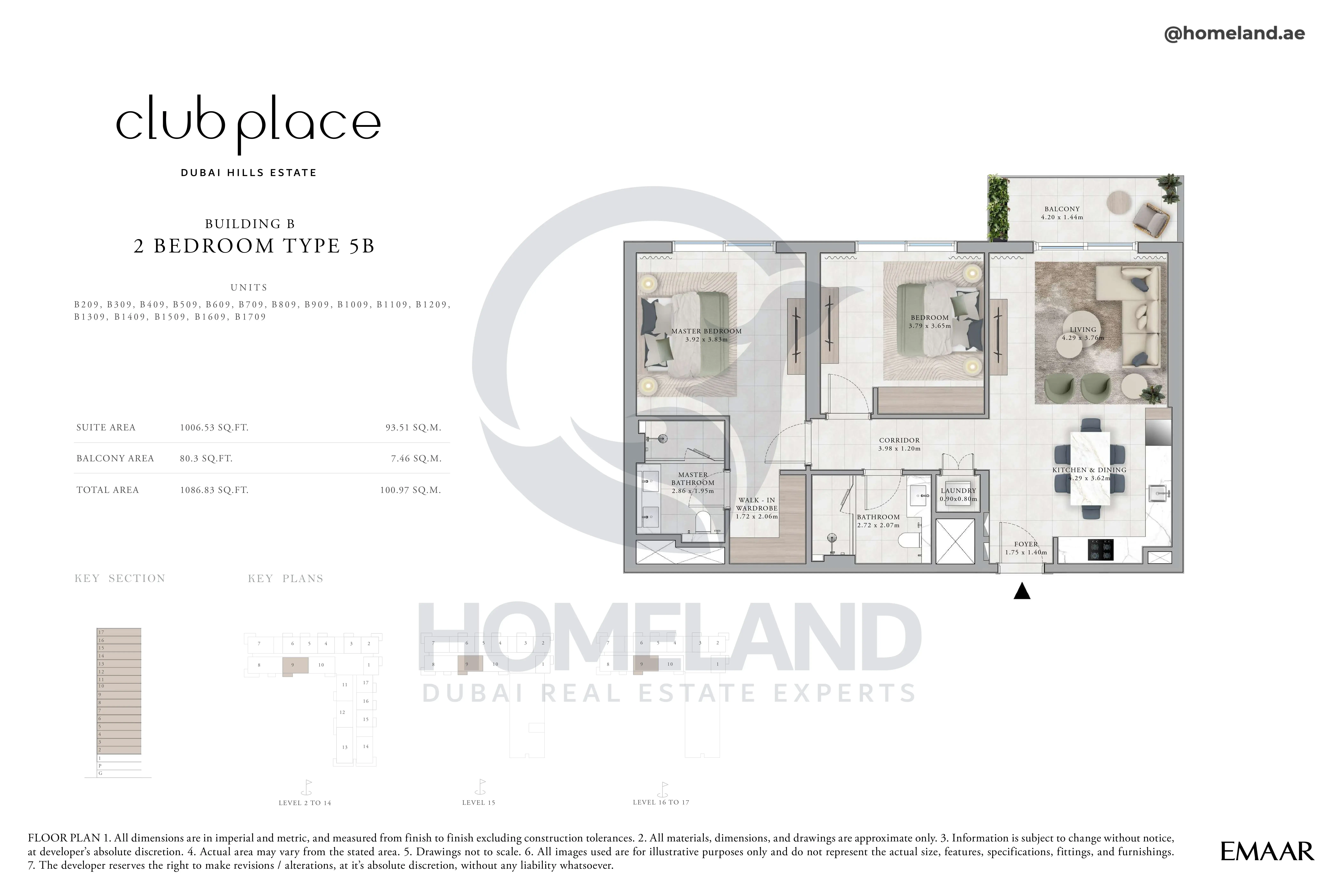 Club Place, Building B, 2BR, Type 5B, Unit B209 to B1709, Level 2 to 17, 1086 SQFT