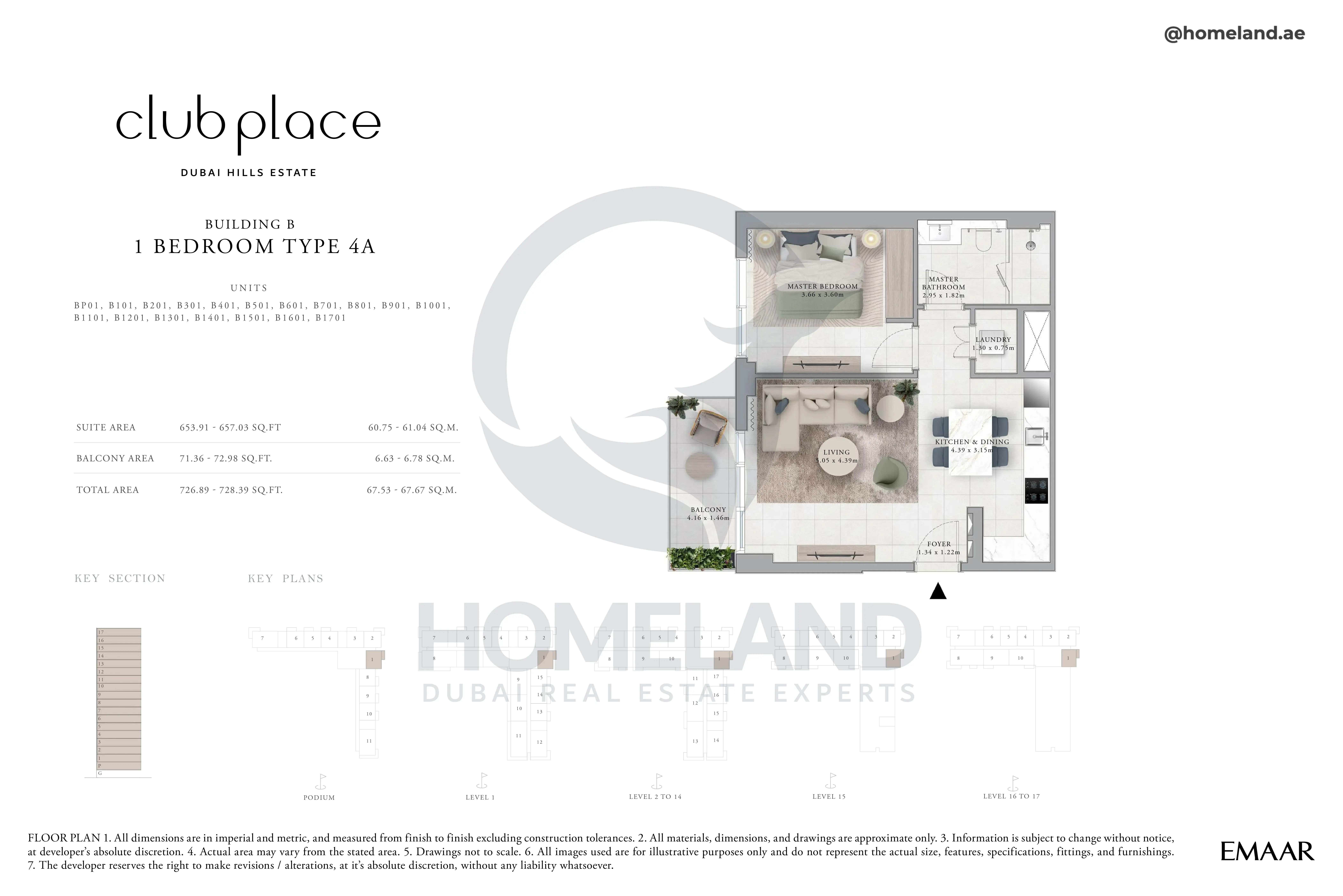 Club Place, Building B, 1BR, Type 4A, Unit BP01-B101 to B1701, Level Podium - 1 to 17, 726 SQFT