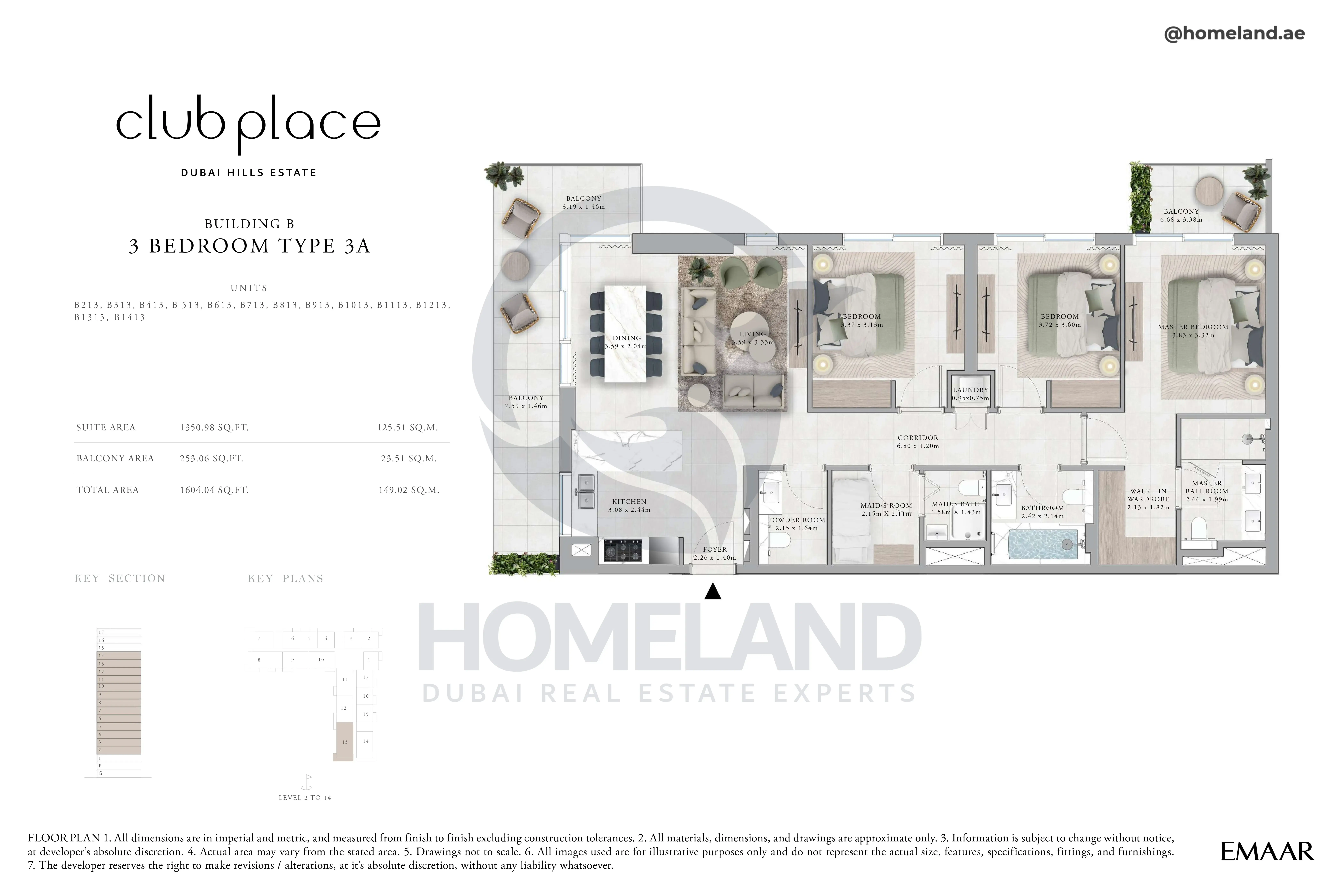 Club Place, Building B, 3BR, Type 3A, Unit B213-B1413, Level 2 to 14, 1604 SQFT