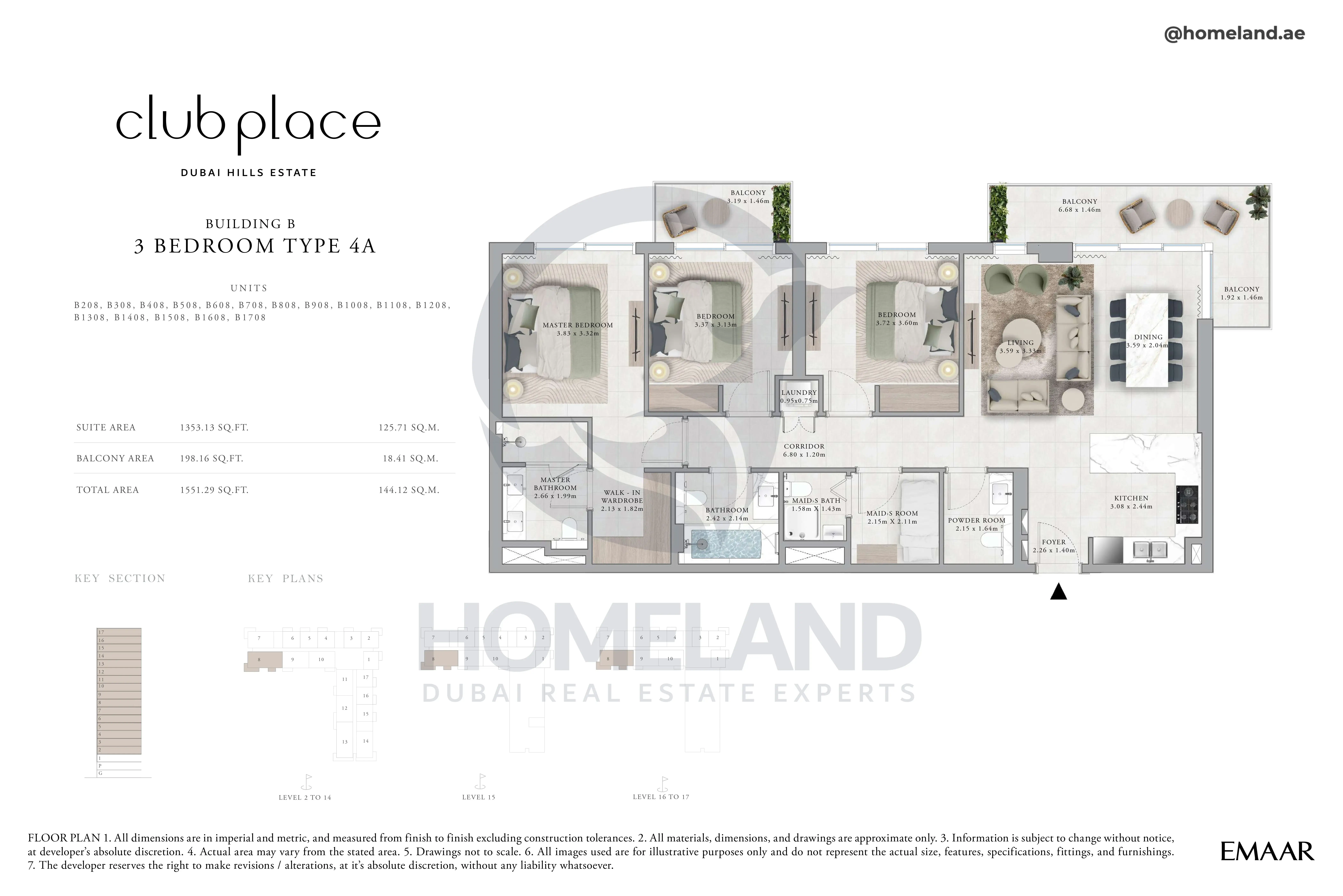 Club Place, Building B, 3BR, Type 4A, Unit B208 to B1708, Level 2 to 17, 1551 SQFT