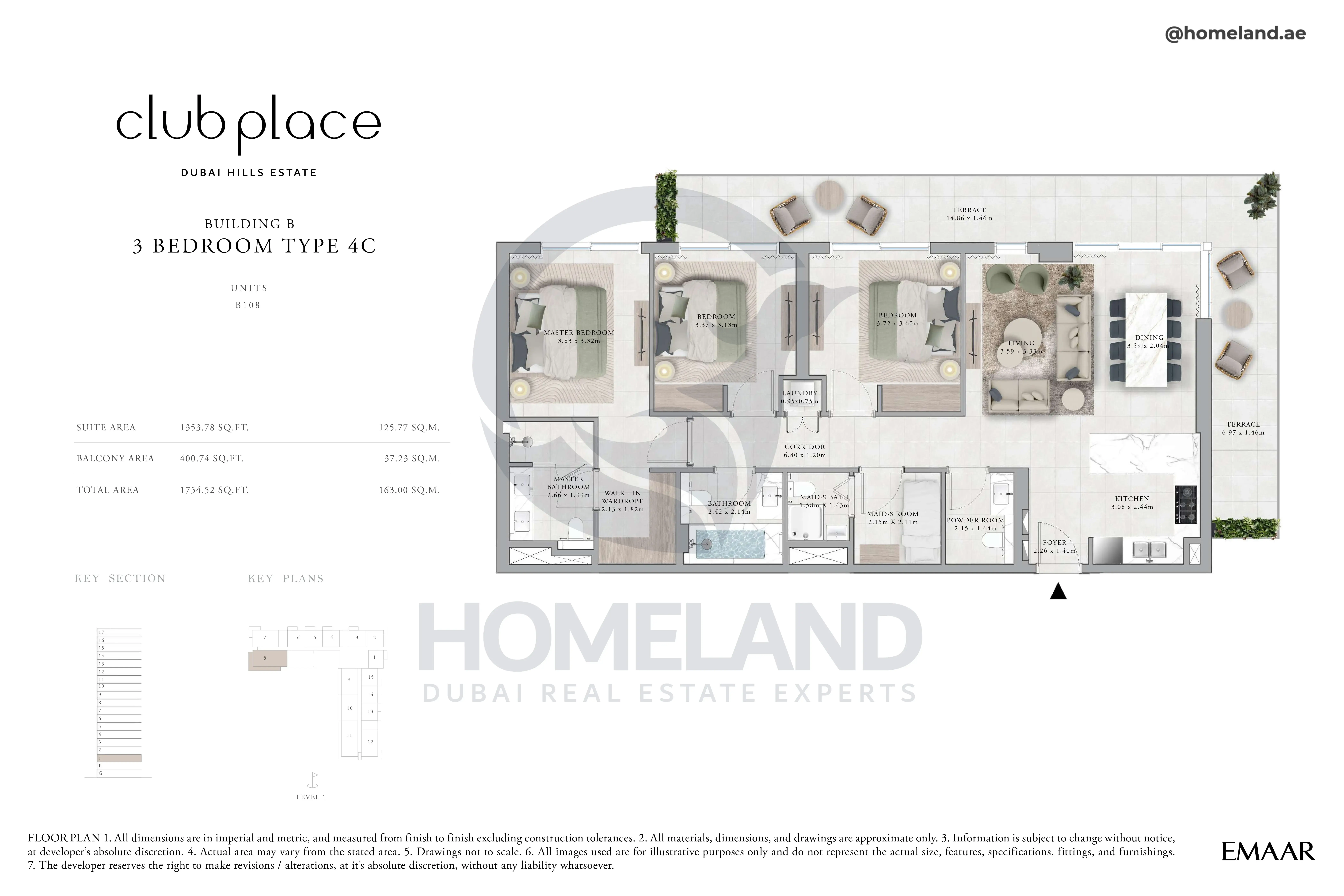 Club Place, Building B, 3BR, Type 4C, Unit B108, Level 1, 1754 SQFT